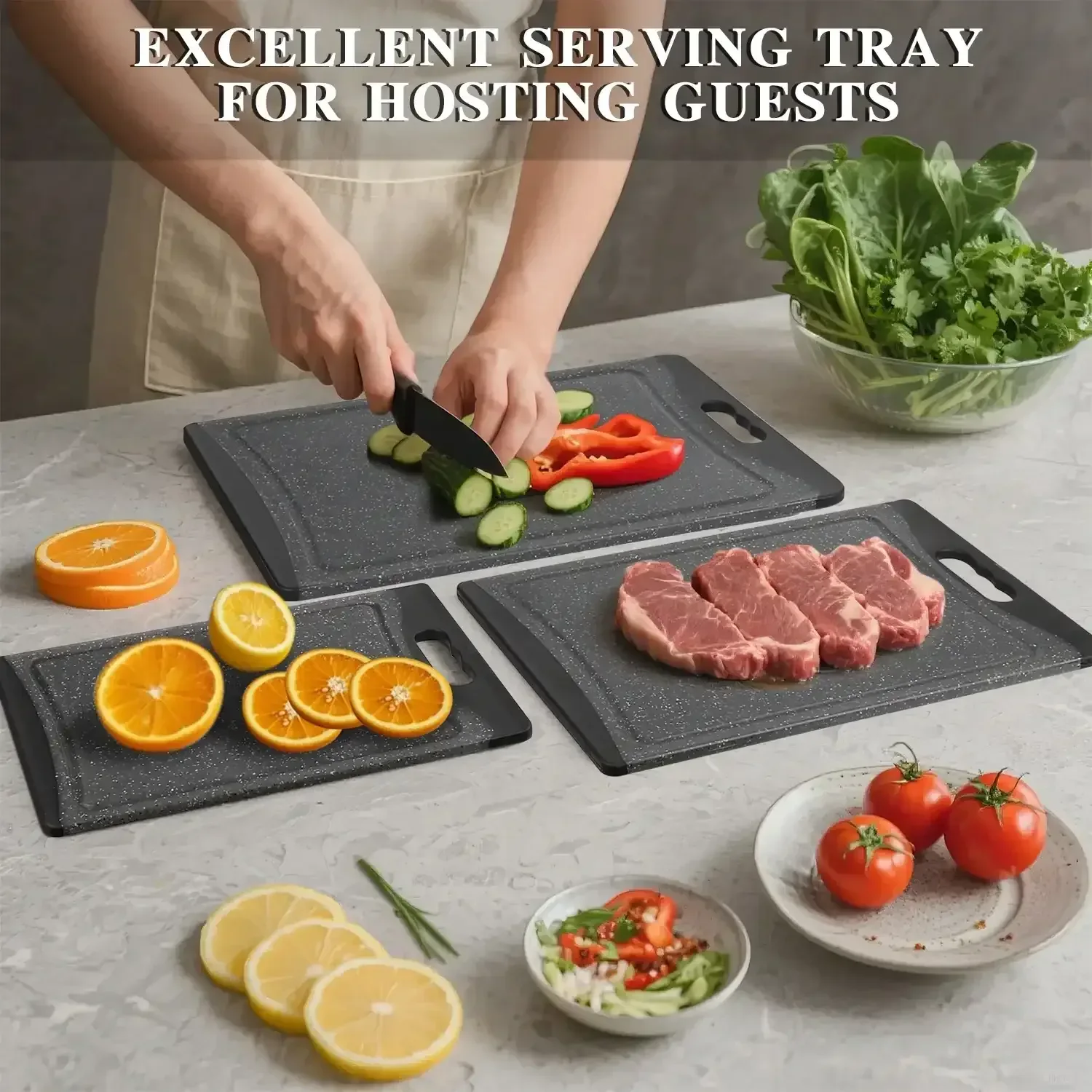 Extra Large Cutting Boards, AOKIWO Plastic Cutting Boards for Kitchen (Set of 3)Meat, Veggies Cutting Board Set Dishwasher Chopping Board with Juice Grooves Easy-Grip Handles, Dark Grey - Image 5