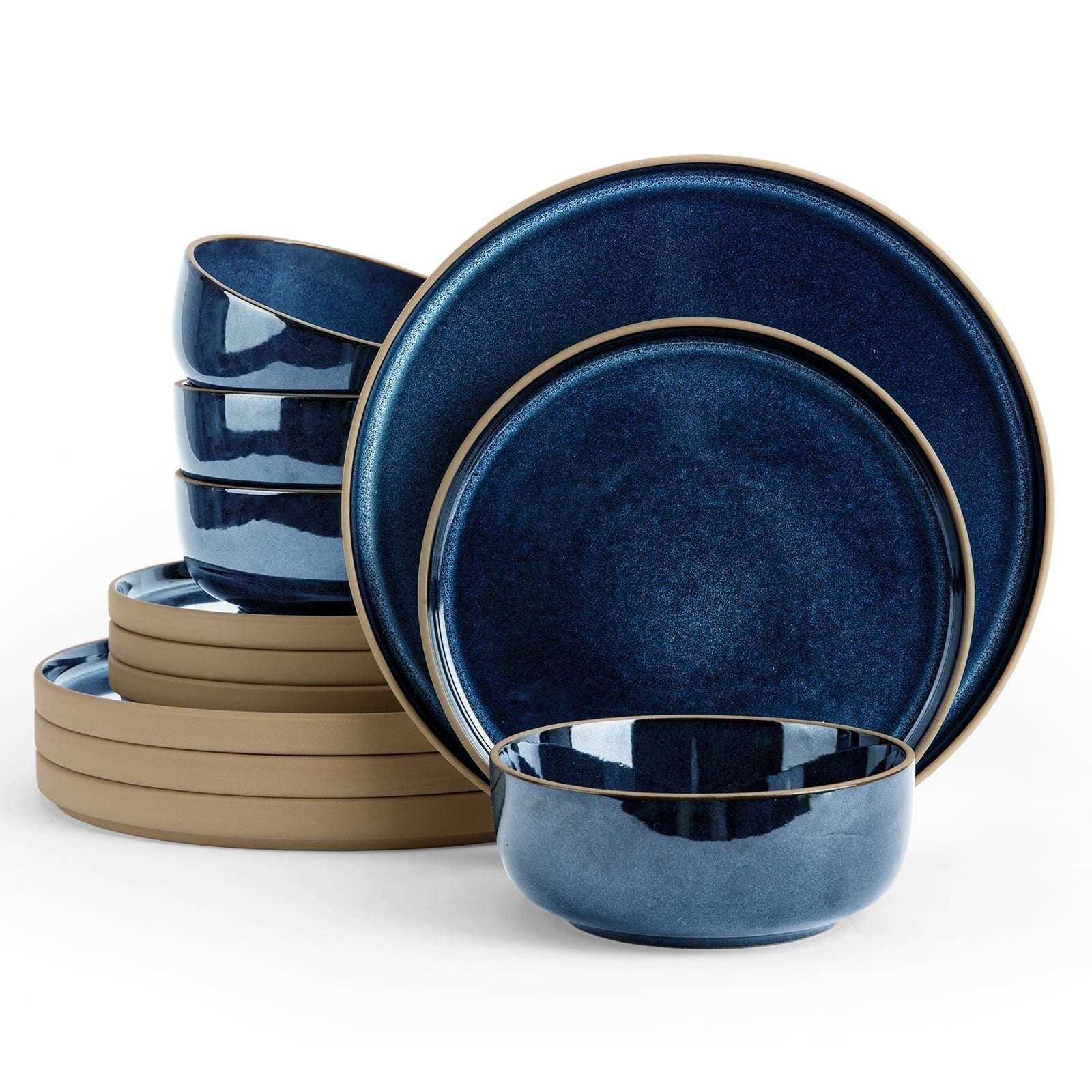 Famiware Nature 12-Piece Dinnerware Sets, Stoneware Dish Set, Midnight Blue