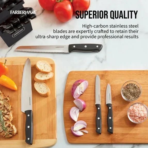 Farberware Classic 20-Piece Triple Riveted Cutlery Block Set with Kitchen Shears, Black - Image 3