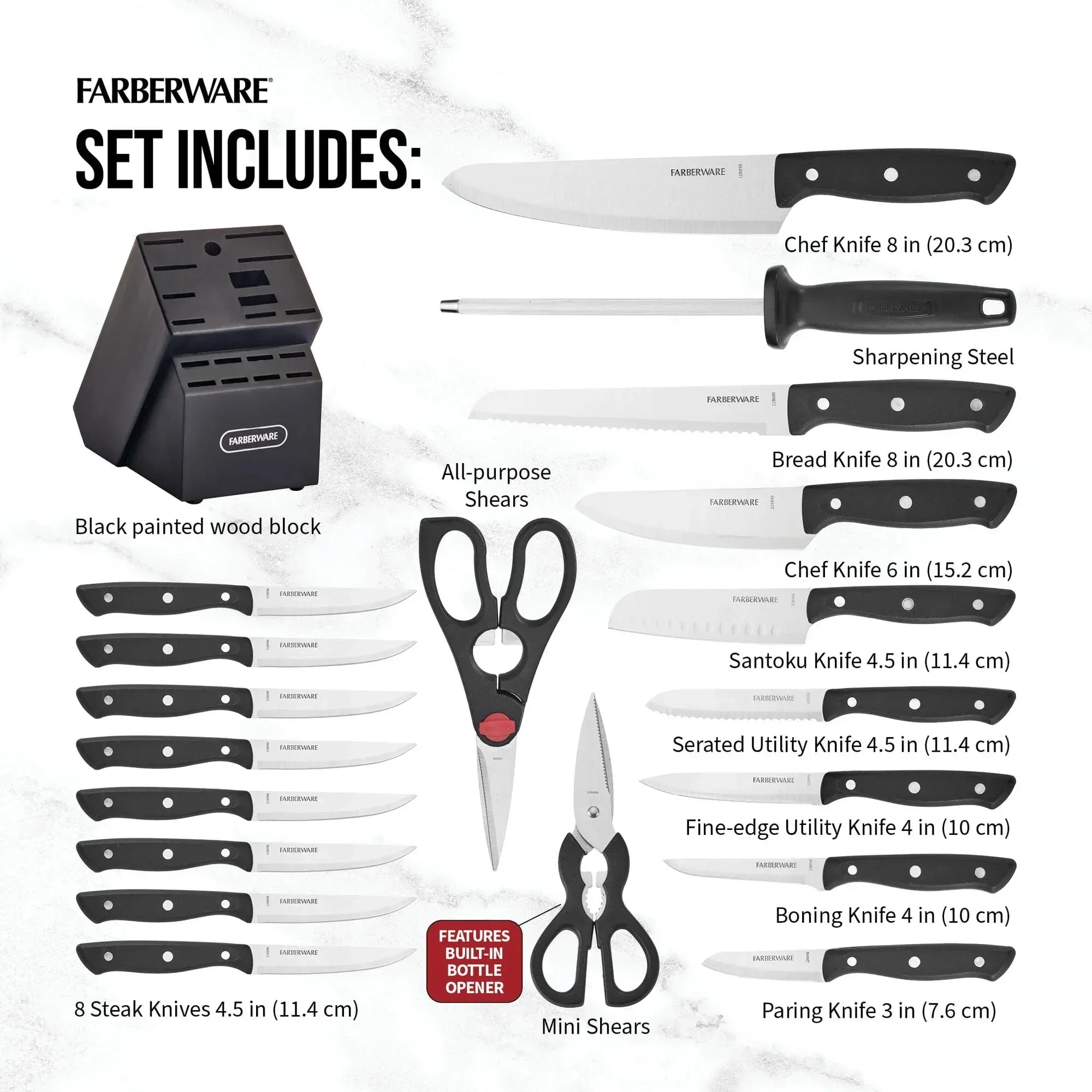 Farberware Classic 20-Piece Triple Riveted Cutlery Block Set with Kitchen Shears, Black - Image 4