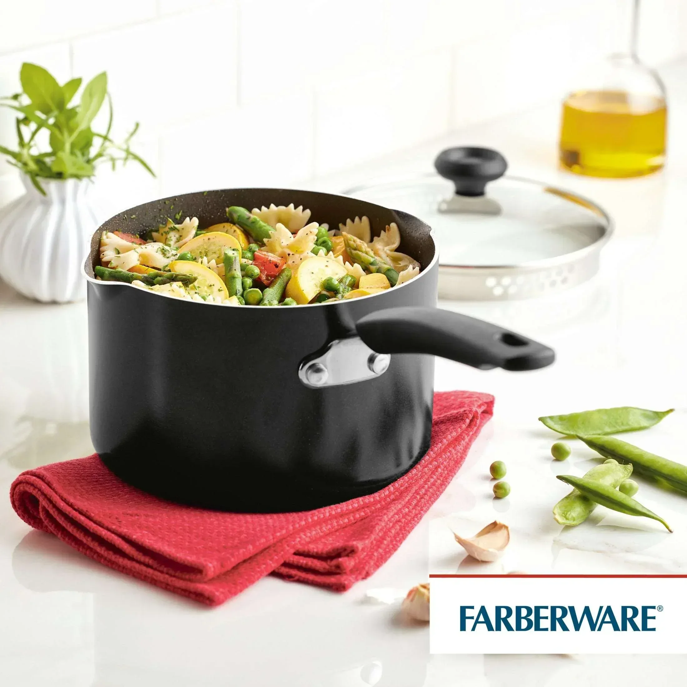 Farberware Easy Clean 3 Quart Nonstick Straining Sauce Pan with Pouring Spout and Lid, Dishwasher Safe, Black - Image 2