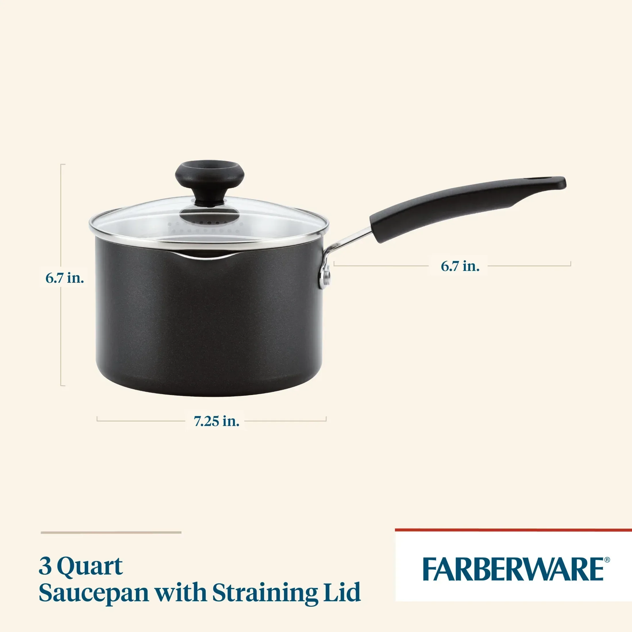 Farberware Easy Clean 3 Quart Nonstick Straining Sauce Pan with Pouring Spout and Lid, Dishwasher Safe, Black - Image 3