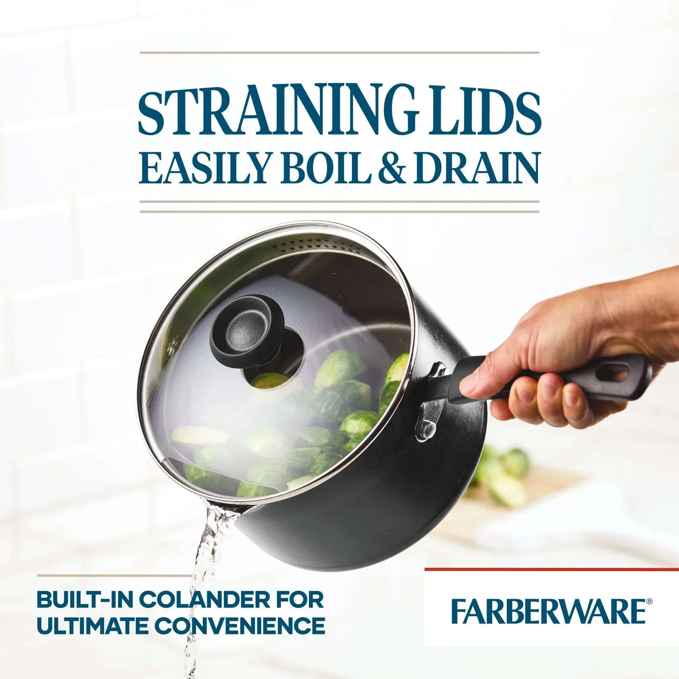 Farberware Easy Clean 3 Quart Nonstick Straining Sauce Pan with Pouring Spout and Lid, Dishwasher Safe, Black - Image 4