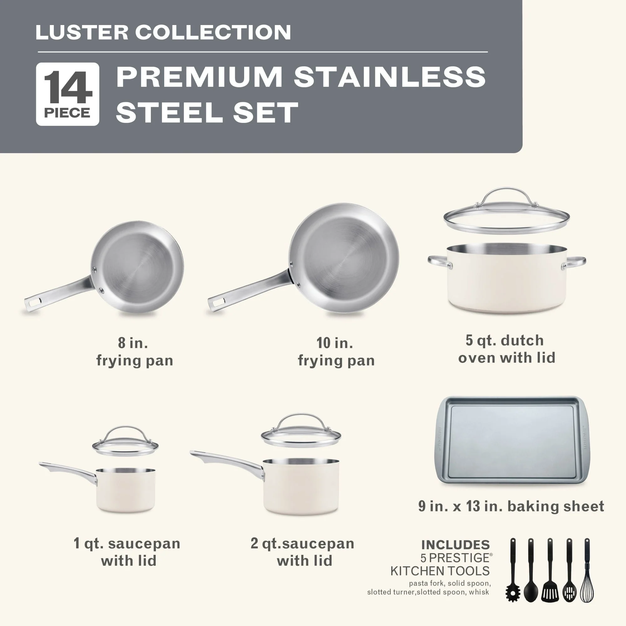 Farberware Luster 14 Pcs Stainless Steel Cookware Set with Cooking Tools, Induction Compatible, Dishwasher Safe, Metal Utensil Safe, Oven-Safe to 500°F, White - Image 2