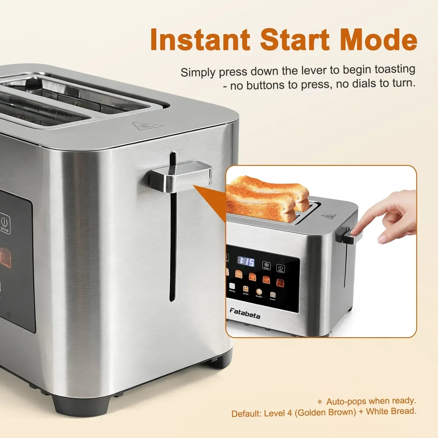 Fatabeta Toaster, 2 Slice Toaster with Dust Cover, Wide Slot for Bagel & Bread, 6-Shade Even Toasting, Defrost & Reheat, Smart LED Touchscreen, Stainless Steel - Image 7