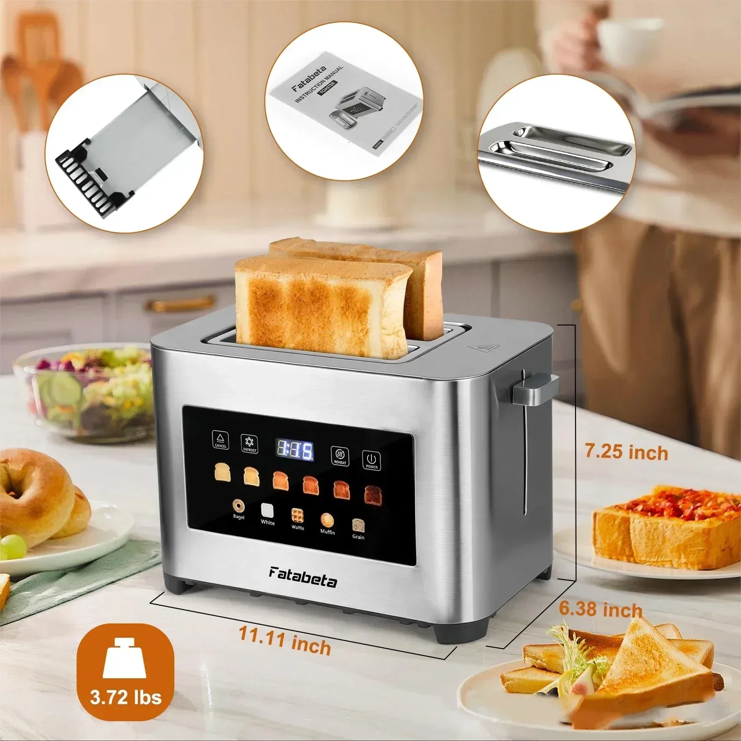 Fatabeta Toaster, 2 Slice Toaster with Dust Cover, Wide Slot for Bagel & Bread, 6-Shade Even Toasting, Defrost & Reheat, Smart LED Touchscreen, Stainless Steel - Image 8