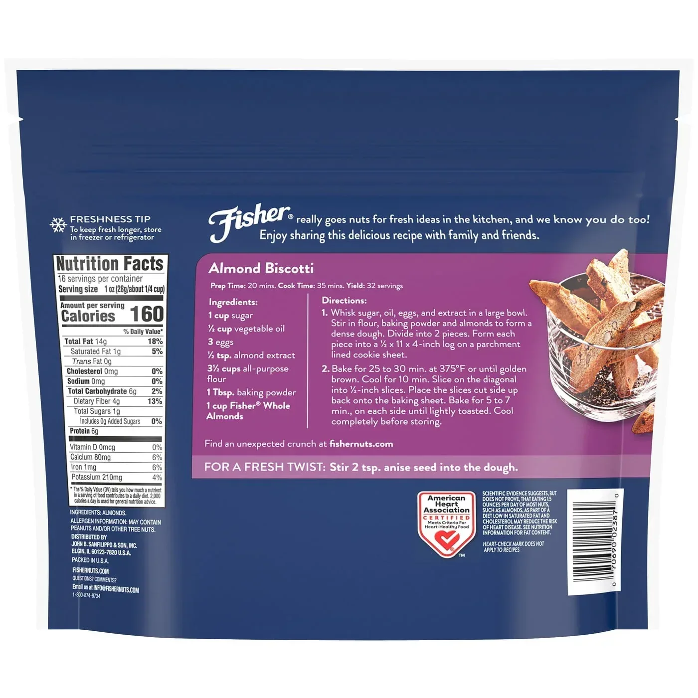 Fisher Chef’s Naturals Gluten Free, No Preservatives, Non-GMO Whole Natural Almonds, 16 oz Bag - Image 2