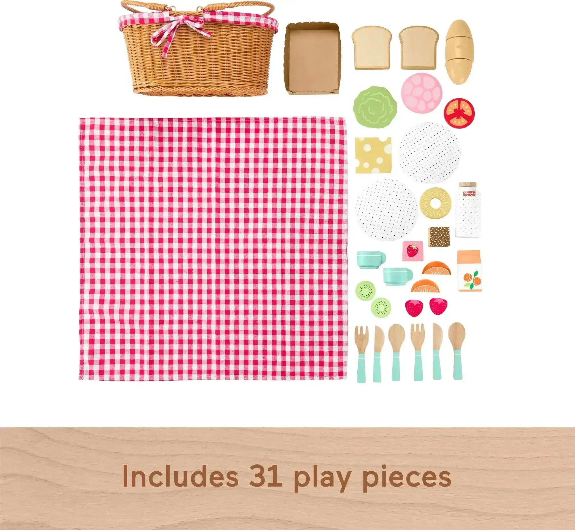 Fisher-Price Wooden Picnic Basket and Food Pretend Play Set for Preschool Kids, 31 Pieces - Image 5