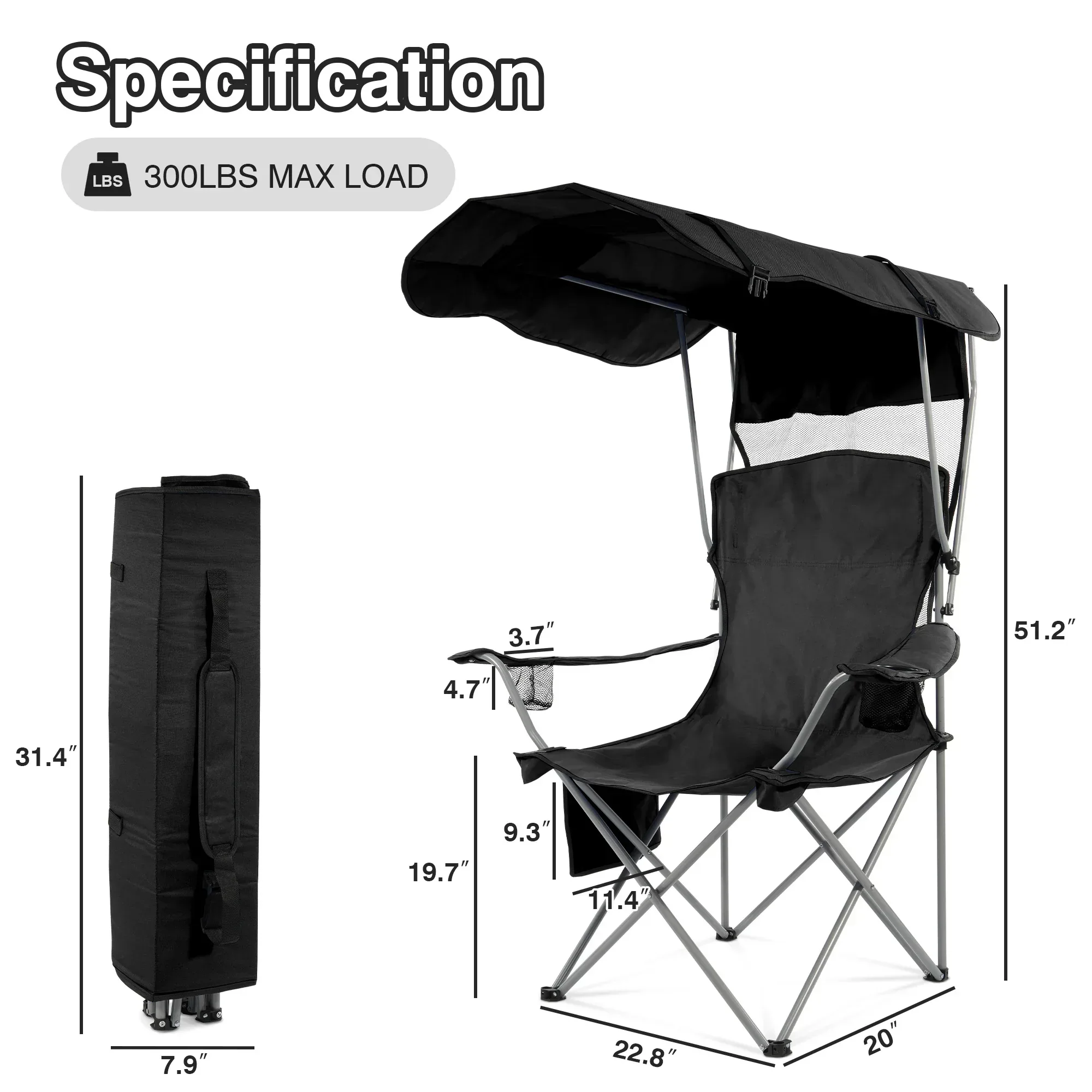 FlexWave Folding Camp Chair，Portable Outdoor Chair，with Shade & Cup Holder，for Camping, Beach, Fishing, and Sports Events - Image 3