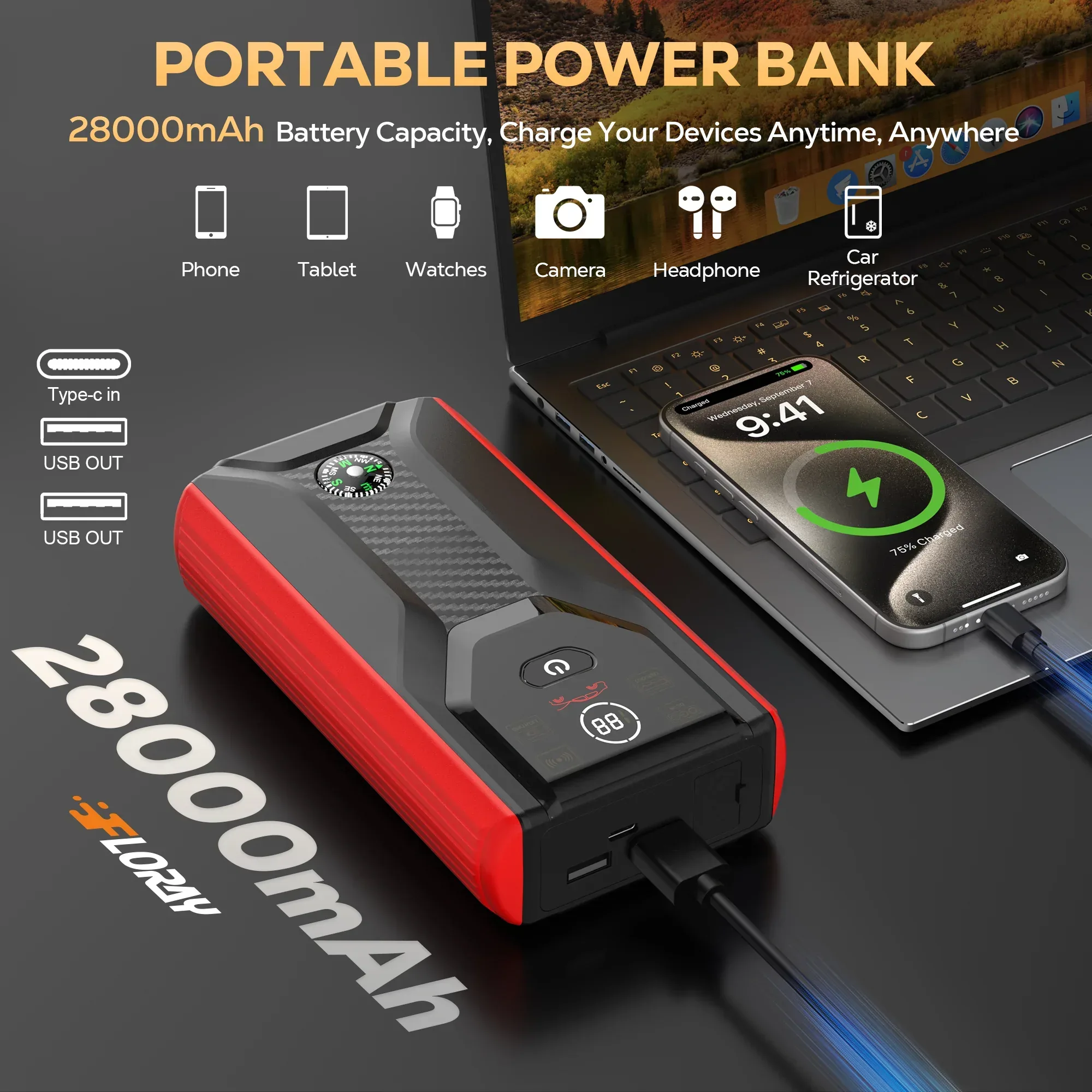 FLORAY Car Jump Starter Portable, 1500A Peak 12V Battery Jump Starter with Jumper Cables Car Battery Charger, Battery Booster Power Pack, Jump Boxes, up to 6.0L Gas/3.0L Diesel - Image 2