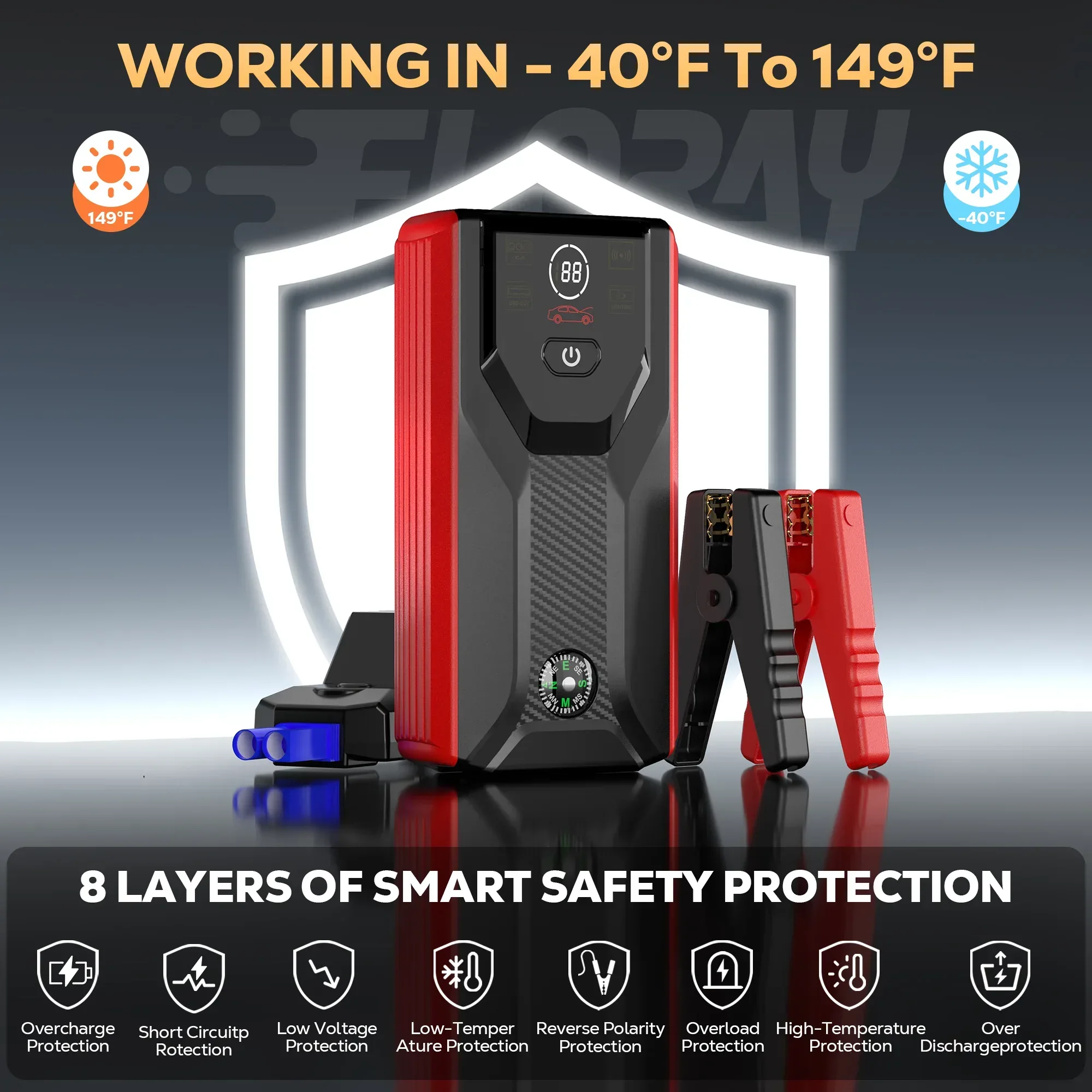FLORAY Car Jump Starter Portable, 1500A Peak 12V Battery Jump Starter with Jumper Cables Car Battery Charger, Battery Booster Power Pack, Jump Boxes, up to 6.0L Gas/3.0L Diesel - Image 6
