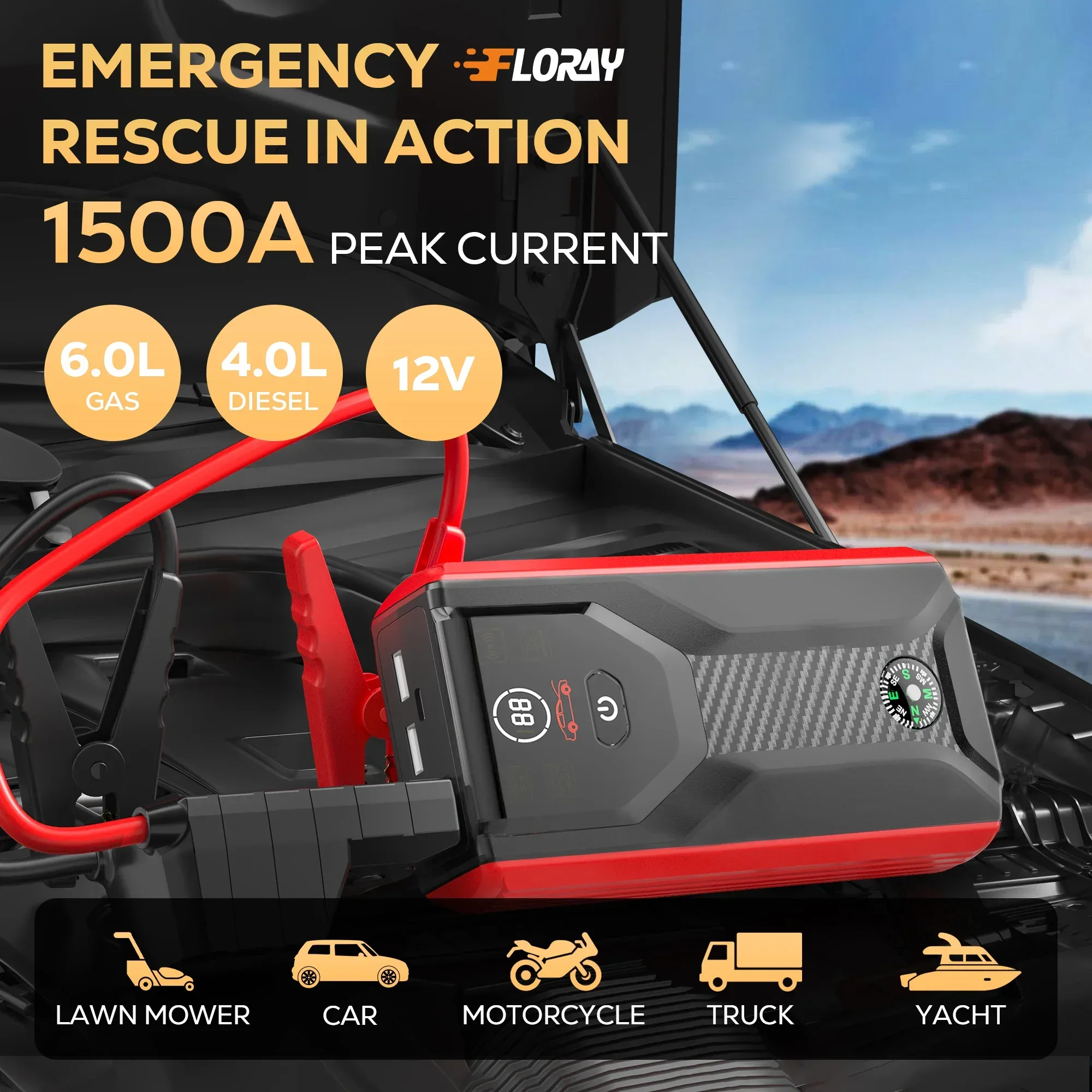 FLORAY Car Jump Starter Portable, 1500A Peak 12V Battery Jump Starter with Jumper Cables Car Battery Charger, Battery Booster Power Pack, Jump Boxes, up to 6.0L Gas/3.0L Diesel - Image 7