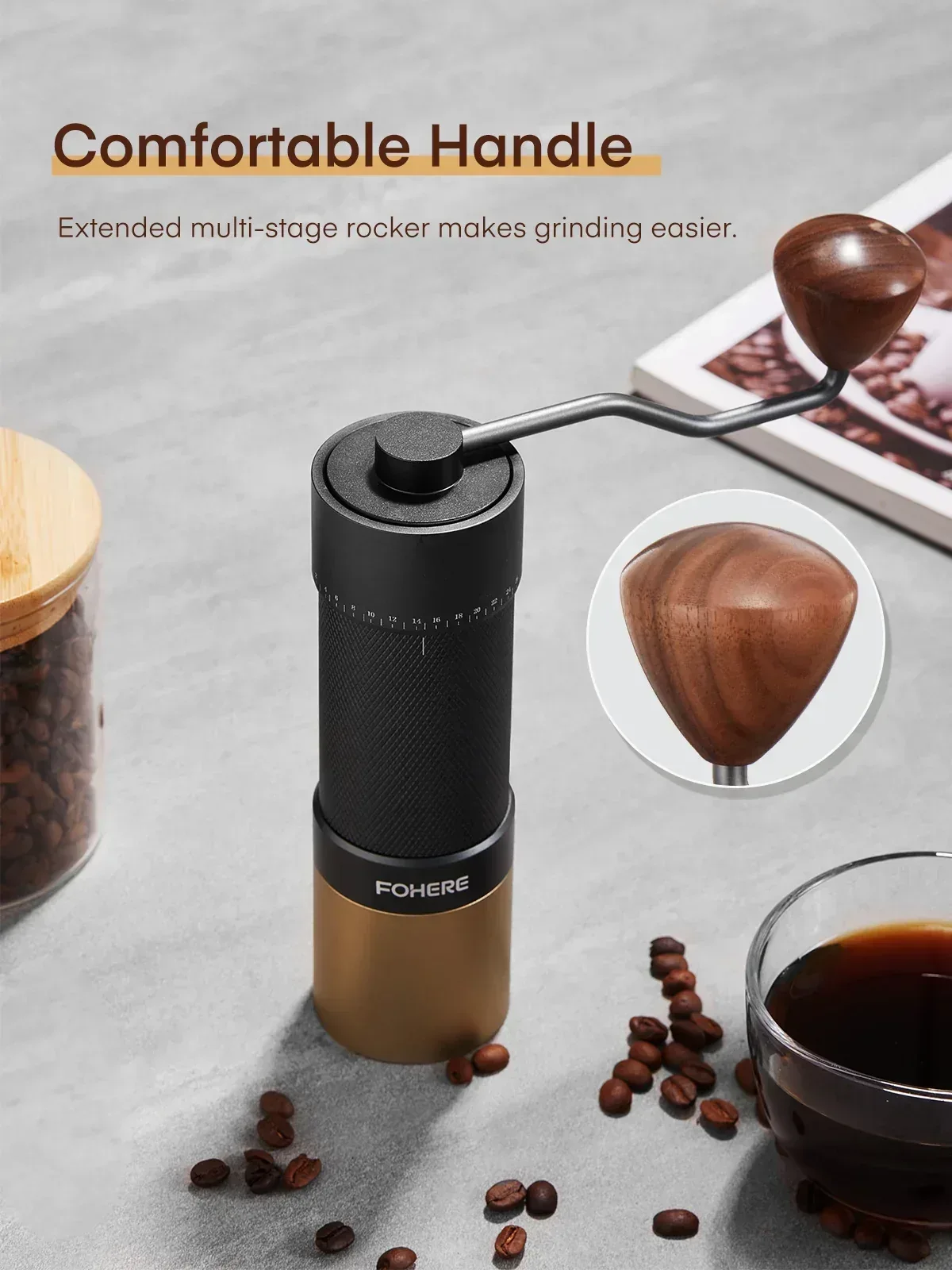 FOHERE Manual Coffee Grinder, 7-Angle Stainless Steel Conical Burrs, External Adjustment, For All Coffees - Image 4