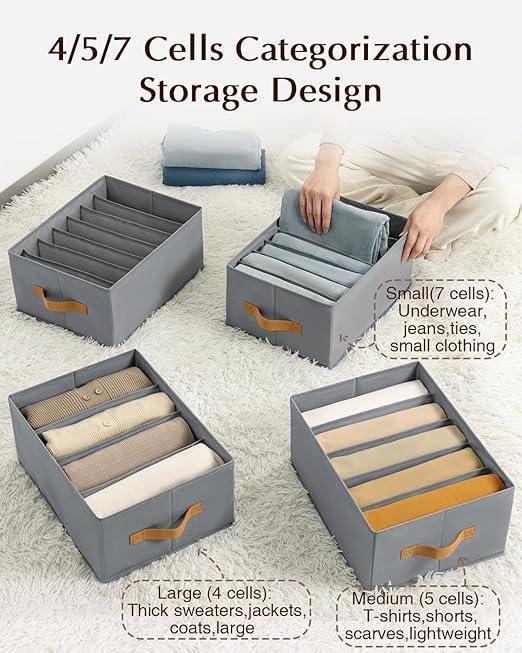 Foldable Clothes Storage Bags, Set of 4, Polypropylene Board, Gray, for Organizing Bedroom, Closet, Clothing, Comforters (7 Grid)