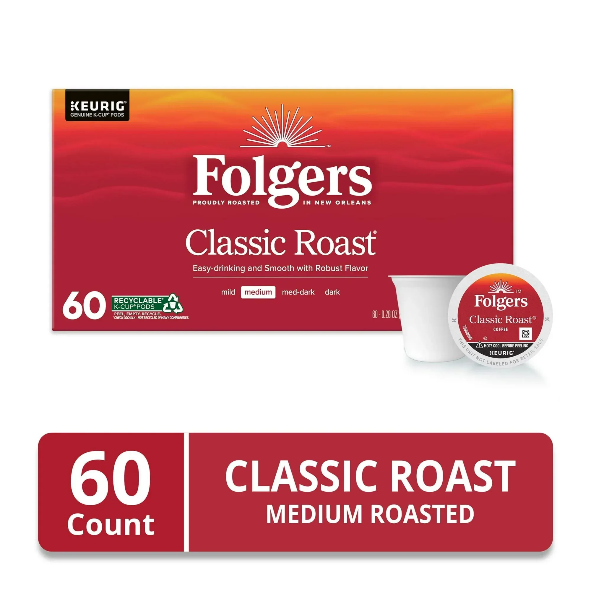 Folgers Classic Roast, Medium Roast Coffee, Keurig K Cup Pods, 60 Count Box - Image 2