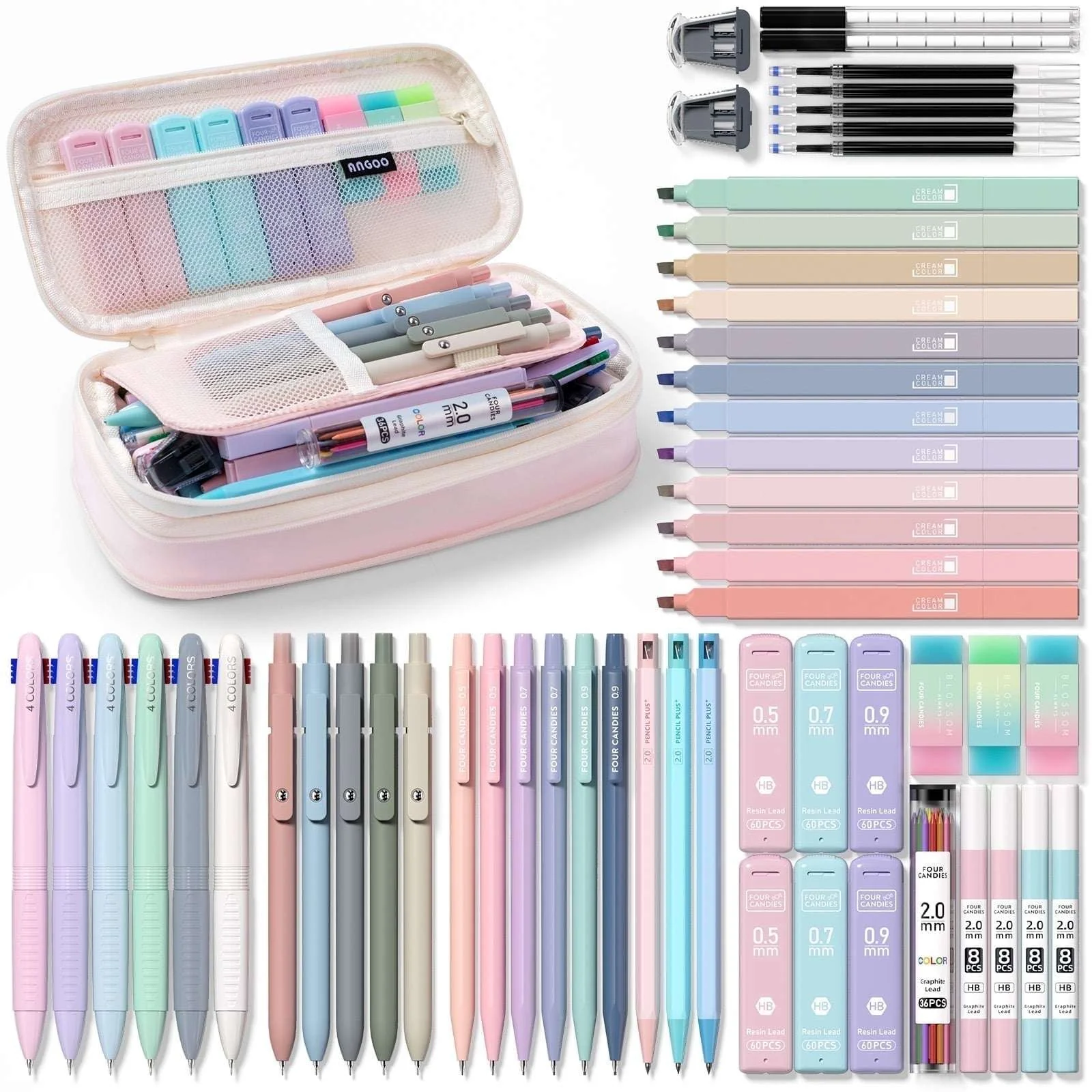 Four Candies 56 PCS Aesthetic Supplies with Pencil Case, 6 Multicolor Pen, 12 Pastel Highlighters, 5 Gel Pens Black Ink, 9 Mechanical Pencils for Stationary Set Preppy Stuff - Image 17