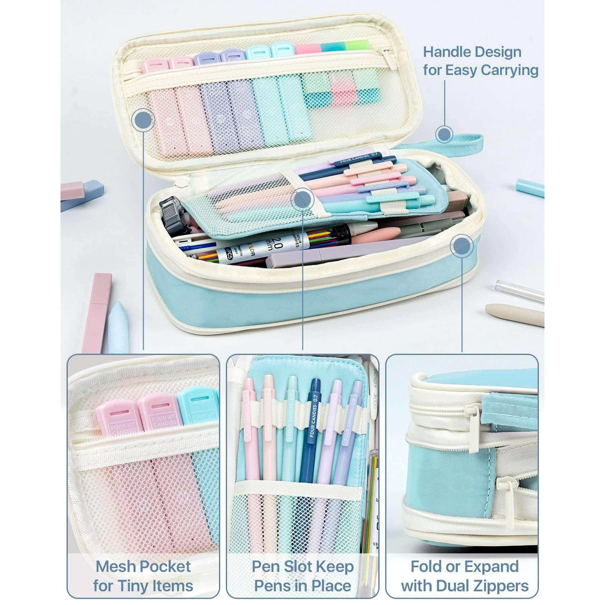 Four Candies 56 PCS Aesthetic Supplies with Pencil Case, 6 Multicolor Pen, 12 Pastel Highlighters, 5 Gel Pens Black Ink, 9 Mechanical Pencils for Stationary Set Preppy Stuff - Image 2