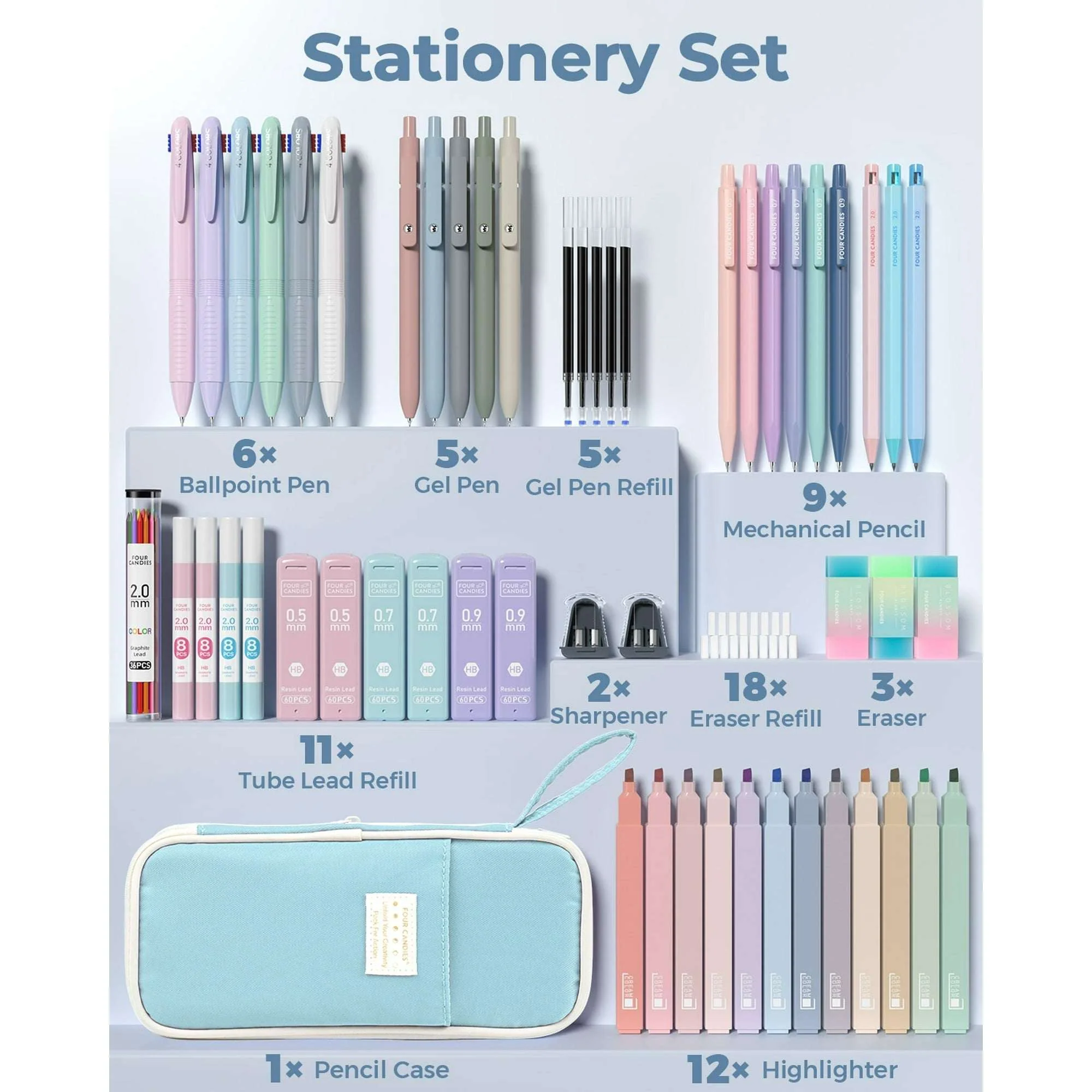 Four Candies 56 PCS Aesthetic Supplies with Pencil Case, 6 Multicolor Pen, 12 Pastel Highlighters, 5 Gel Pens Black Ink, 9 Mechanical Pencils for Stationary Set Preppy Stuff - Image 3