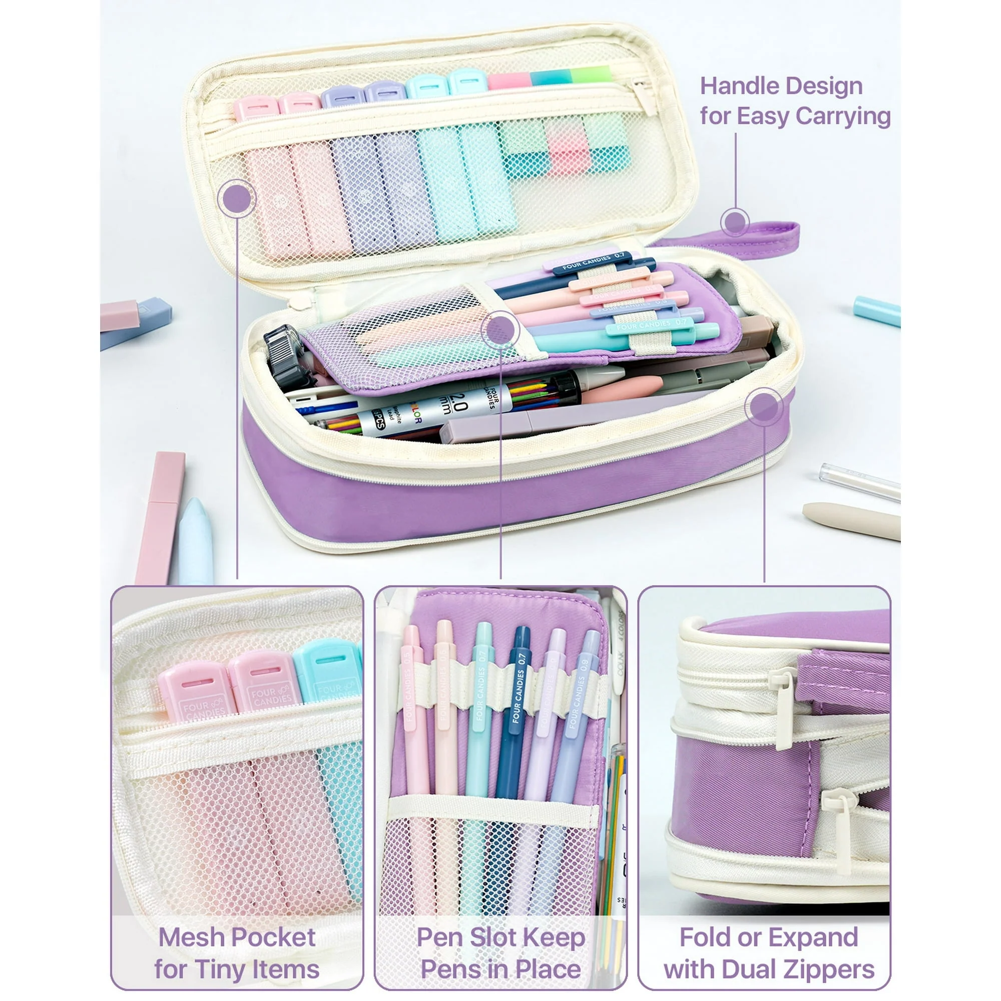 Four Candies 56 PCS Aesthetic Supplies with Pencil Case, 6 Multicolor Pen, 12 Pastel Highlighters, 5 Gel Pens Black Ink, 9 Mechanical Pencils for Stationary Set Preppy Stuff - Image 32