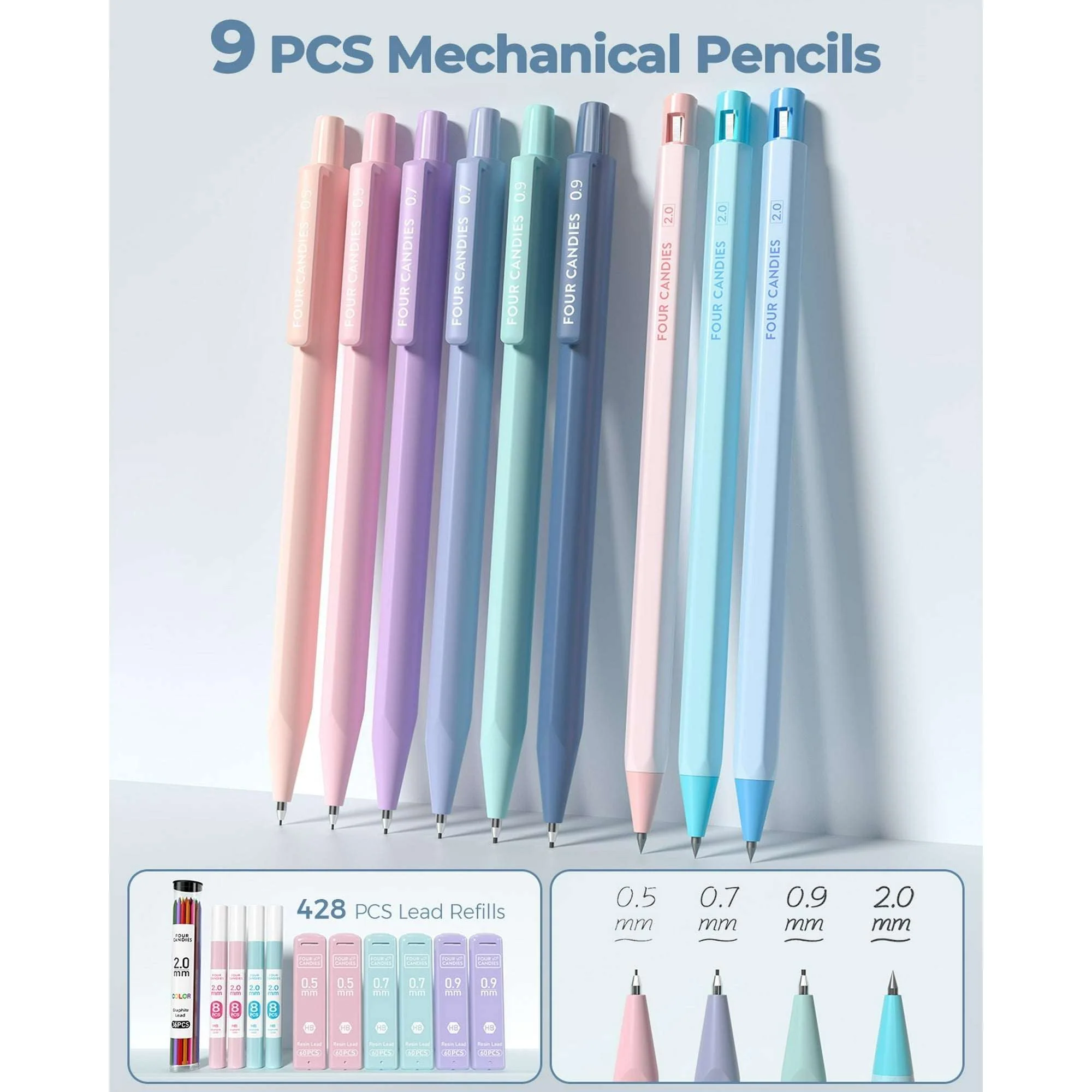 Four Candies 56 PCS Aesthetic Supplies with Pencil Case, 6 Multicolor Pen, 12 Pastel Highlighters, 5 Gel Pens Black Ink, 9 Mechanical Pencils for Stationary Set Preppy Stuff - Image 5