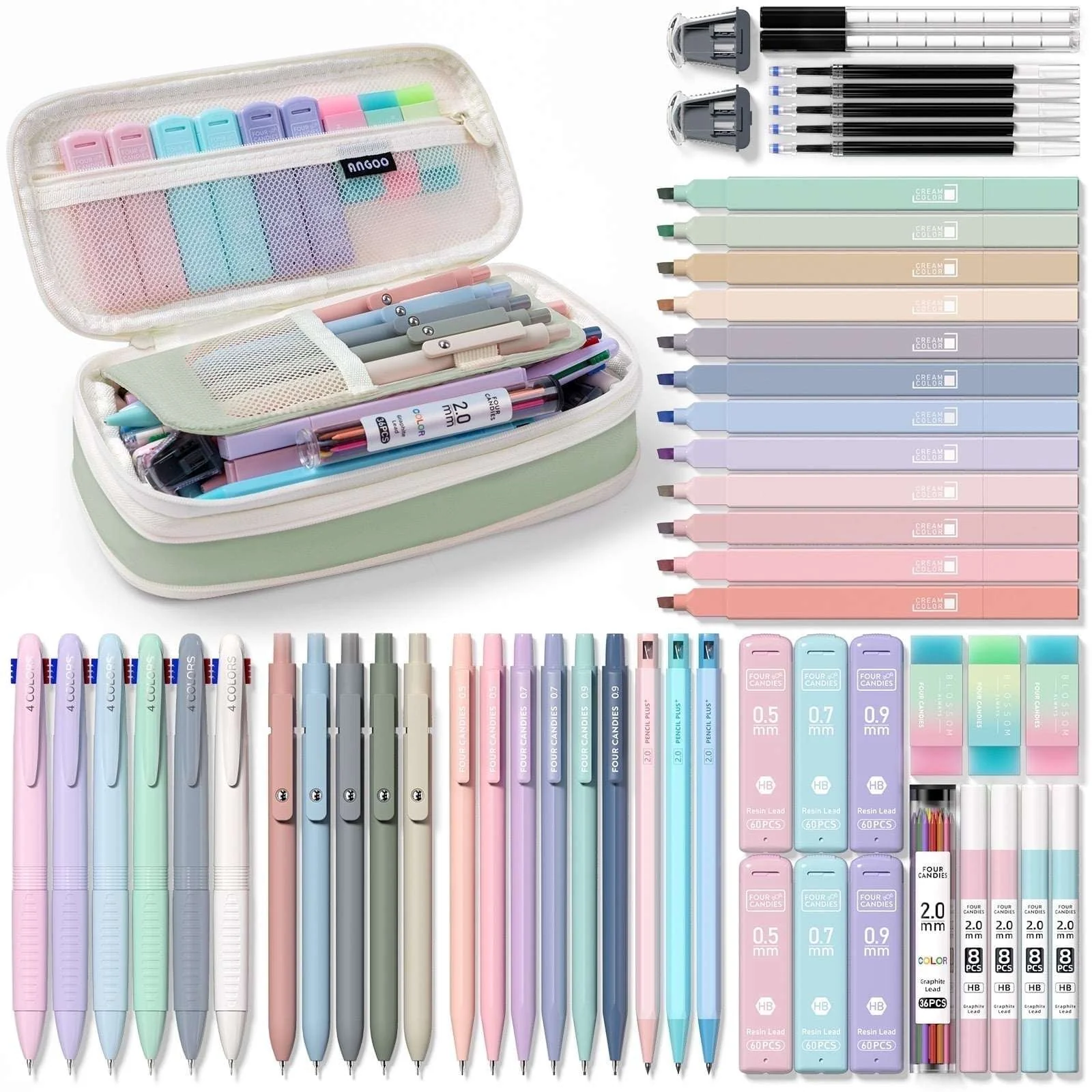 Four Candies 56 PCS Aesthetic Supplies with Pencil Case, 6 Multicolor Pen, 12 Pastel Highlighters, 5 Gel Pens Black Ink, 9 Mechanical Pencils for Stationary Set Preppy Stuff - Image 9