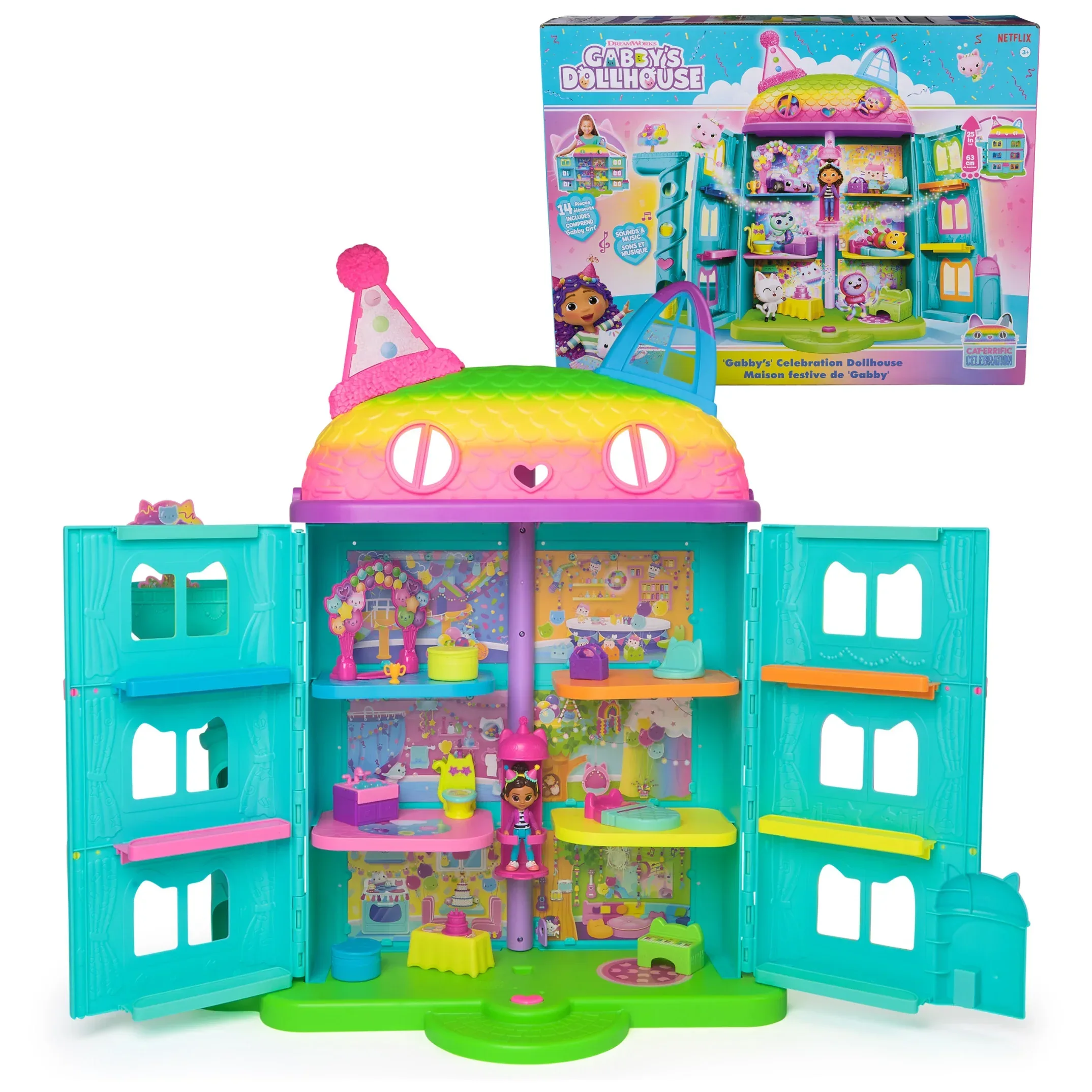 Gabby’s Dollhouse, 25" Tall Celebration Dollhouse with Toy Figures, Furniture & Sound Effects