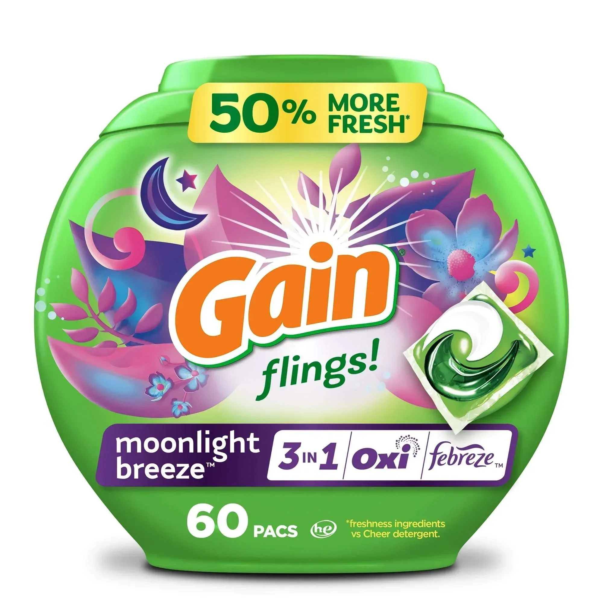 Gain Flings 3-in-1 Oxi Boost and Febreze Laundry Detergent Pacs, Moonlight Breeze Scent, 31 Count - Image 2