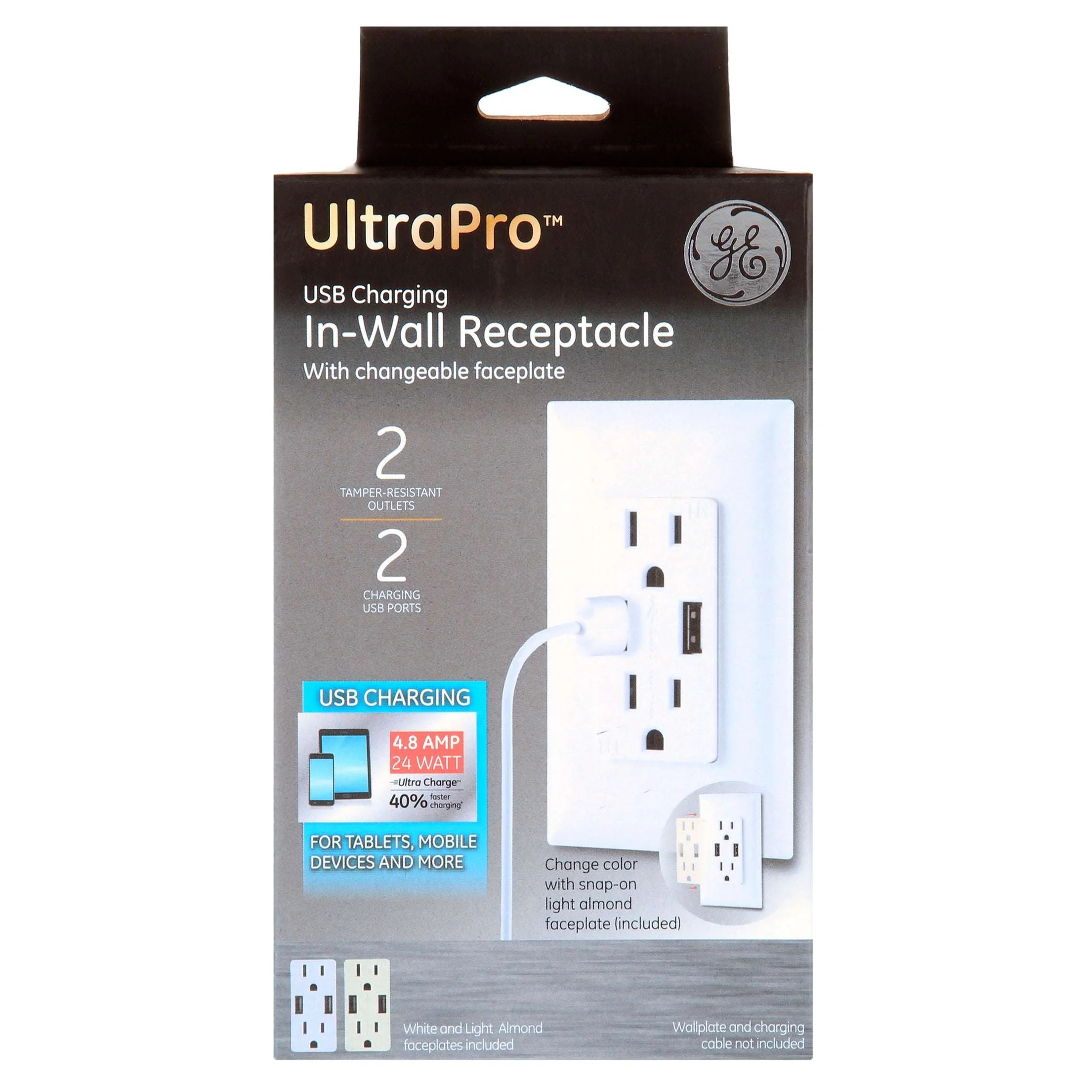 GE UltraPro 2-Outlet, 2-USB in-Wall Receptacle, White/Light Almond, 15A - 40405 - Image 2