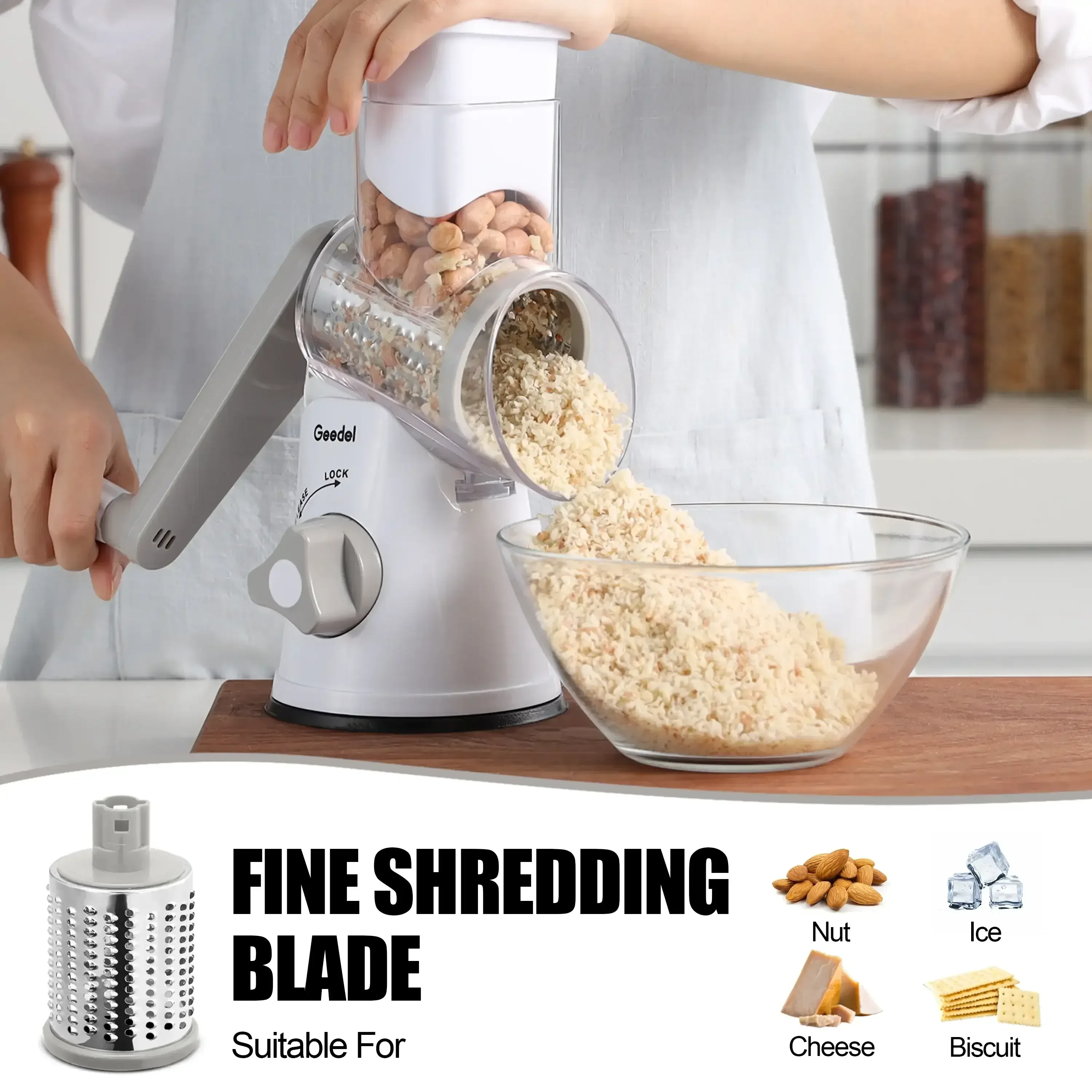 Geedel Rotary Cheese Grater, Kitchen Grater Vegetable Slicer with 3 Interchangeable Blades, Powerful Suction, Dishwasher Safe, Easy to Clean Grater for Vegetable, Fruit, Nuts - Image 10
