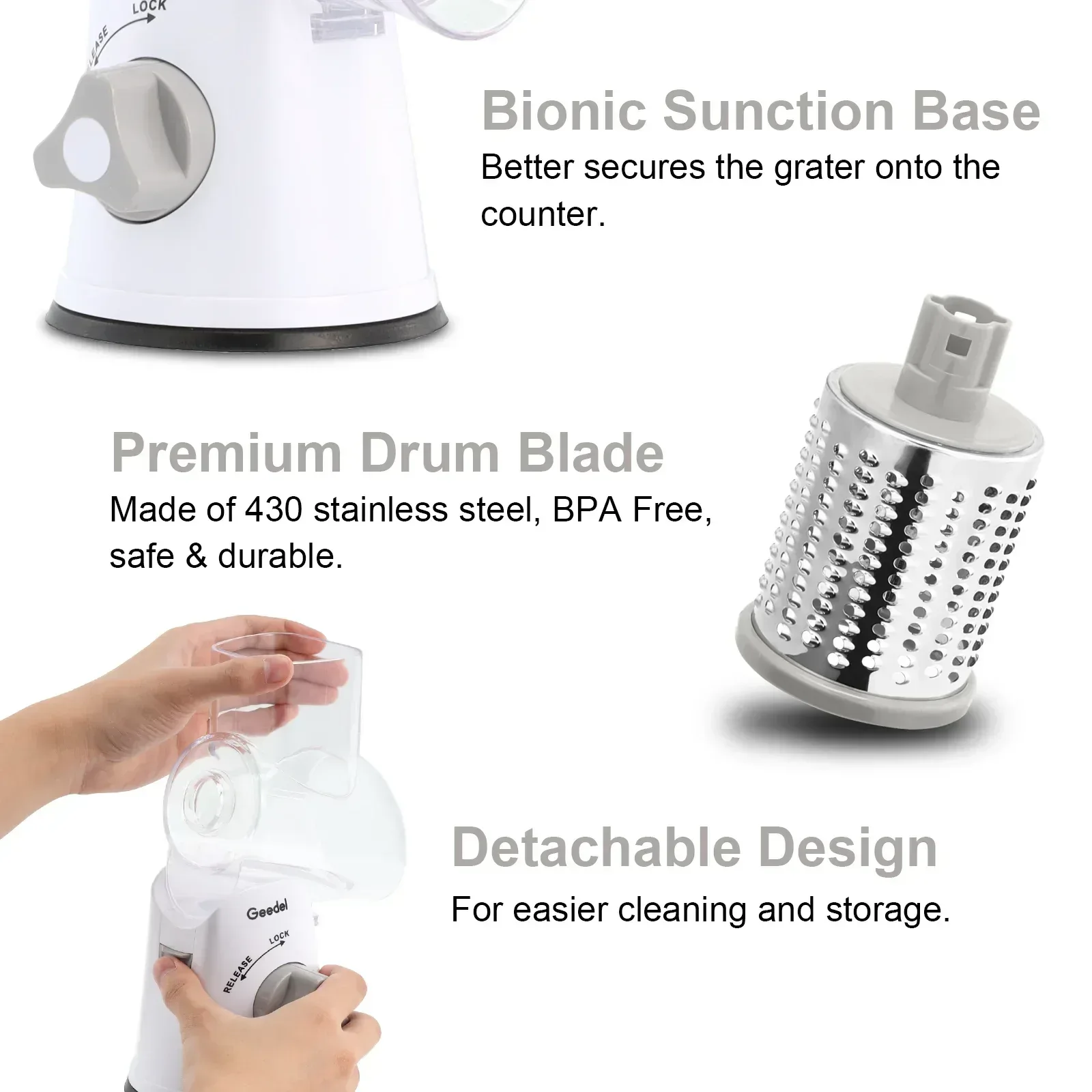 Geedel Rotary Cheese Grater, Kitchen Grater Vegetable Slicer with 3 Interchangeable Blades, Powerful Suction, Dishwasher Safe, Easy to Clean Grater for Vegetable, Fruit, Nuts - Image 11