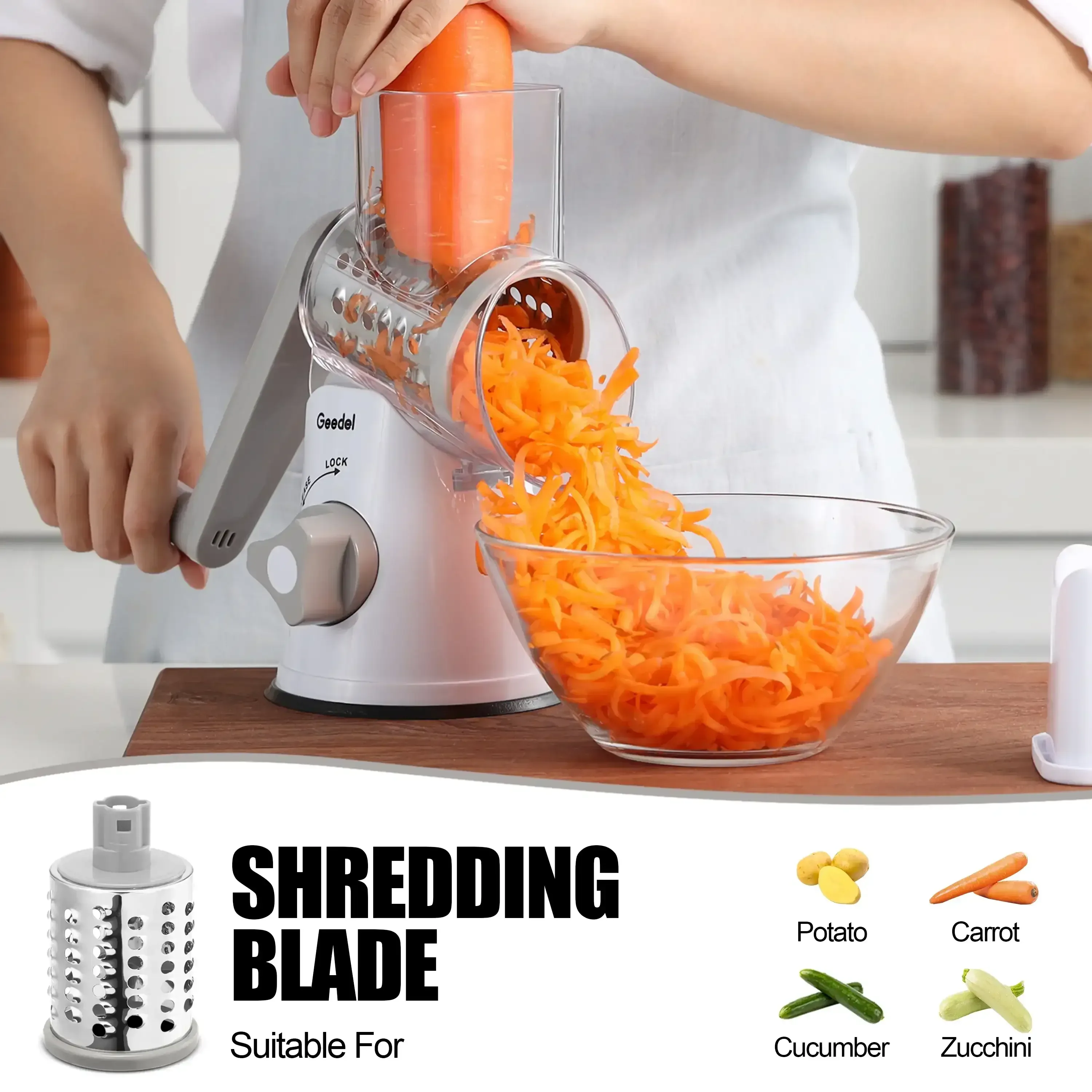 Geedel Rotary Cheese Grater, Kitchen Grater Vegetable Slicer with 3 Interchangeable Blades, Powerful Suction, Dishwasher Safe, Easy to Clean Grater for Vegetable, Fruit, Nuts - Image 12