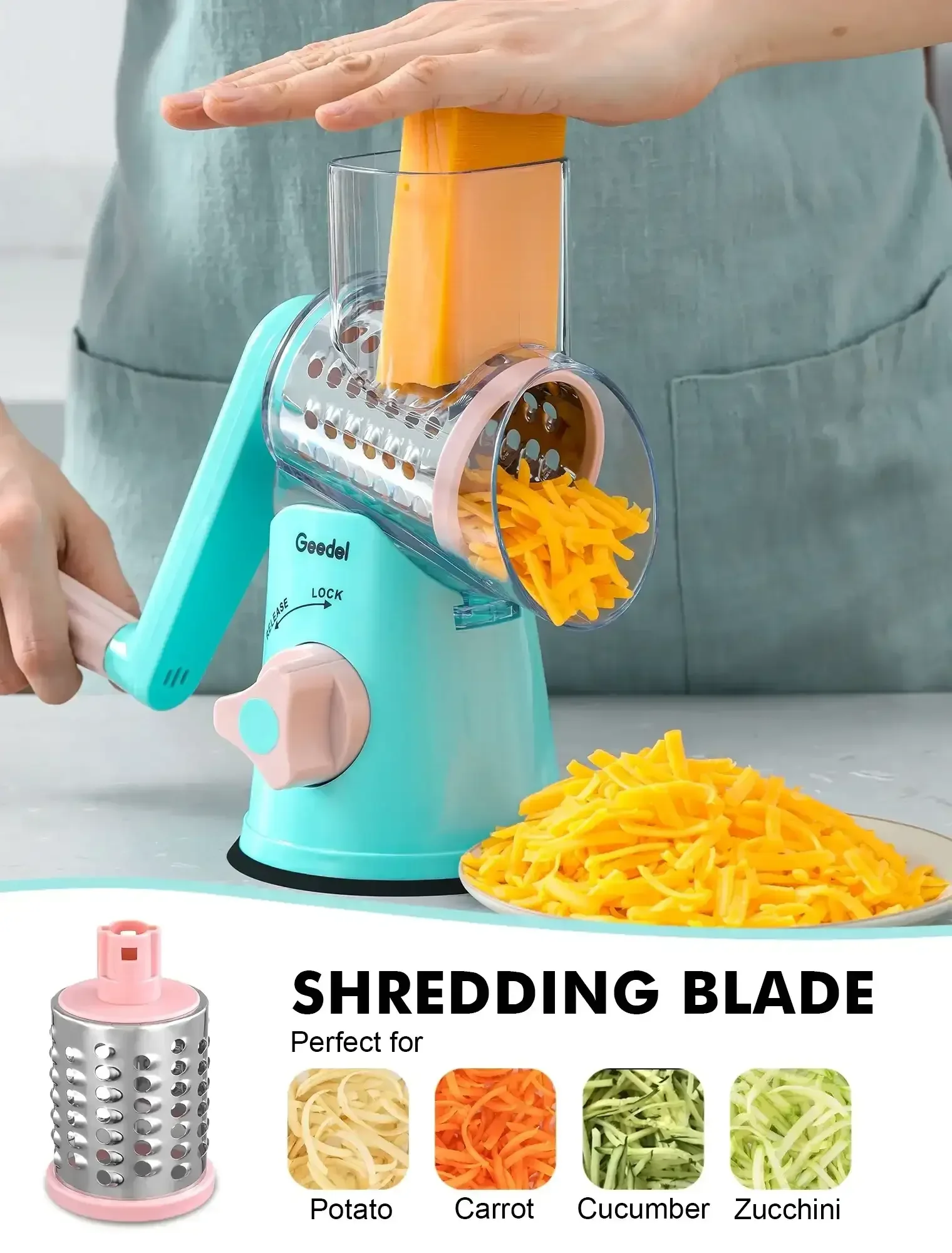 Geedel Rotary Cheese Grater, Kitchen Grater Vegetable Slicer with 3 Interchangeable Blades, Powerful Suction, Dishwasher Safe, Easy to Clean Grater for Vegetable, Fruit, Nuts - Image 14