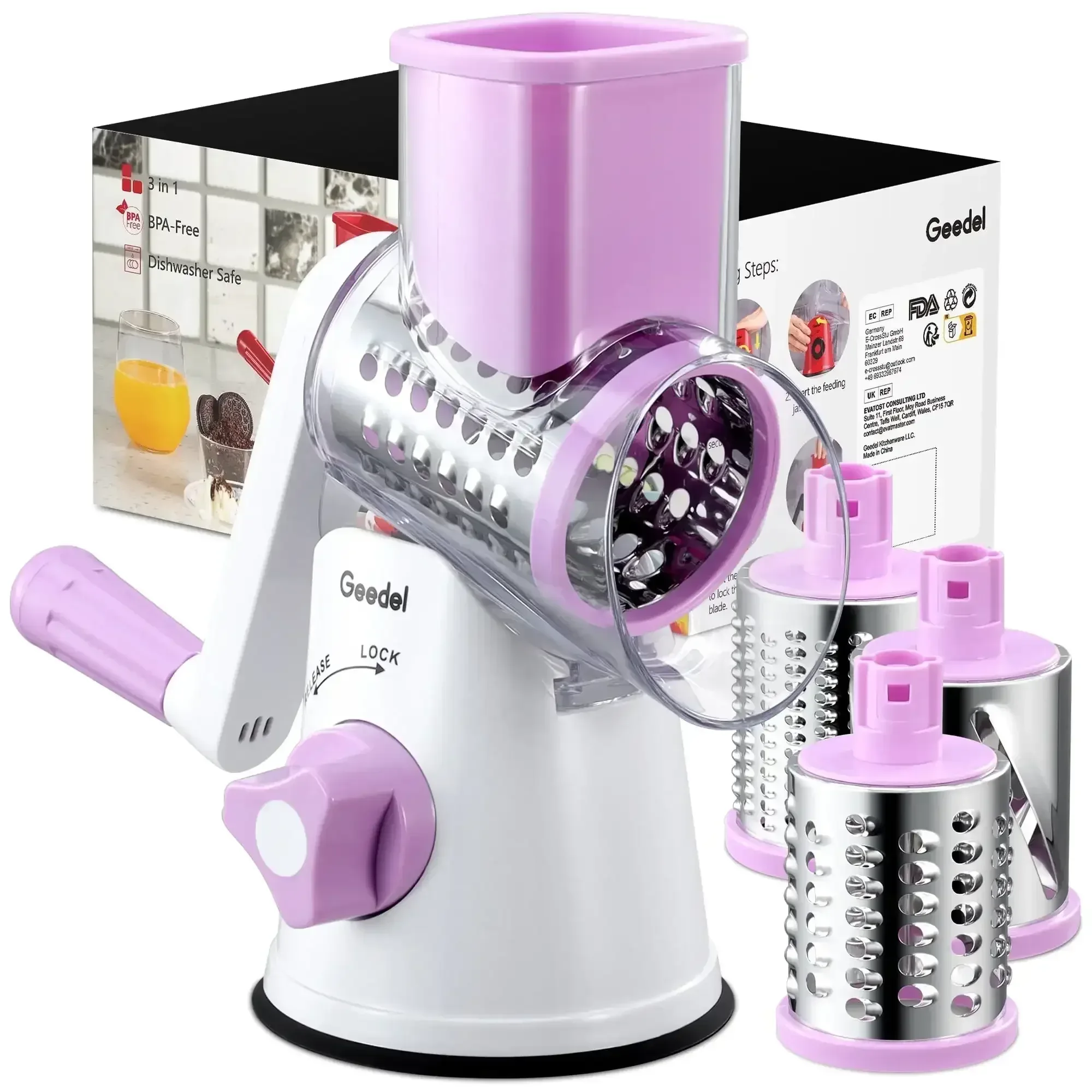 Geedel Rotary Cheese Grater, Kitchen Grater Vegetable Slicer with 3 Interchangeable Blades, Powerful Suction, Dishwasher Safe, Easy to Clean Grater for Vegetable, Fruit, Nuts - Image 17
