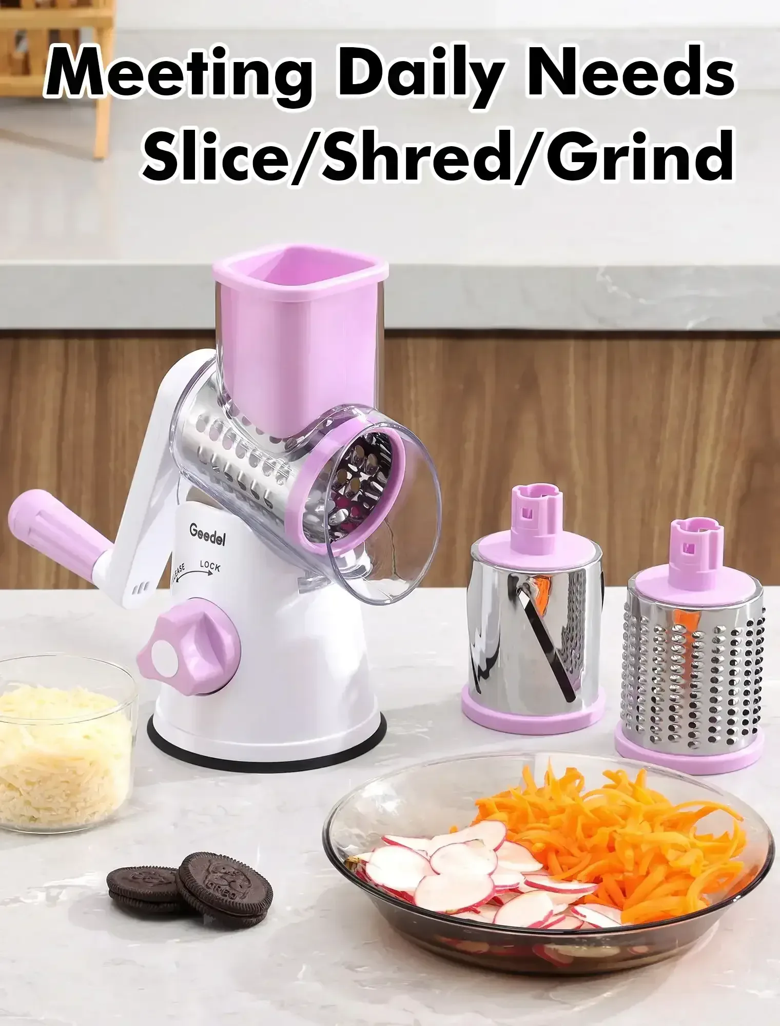 Geedel Rotary Cheese Grater, Kitchen Grater Vegetable Slicer with 3 Interchangeable Blades, Powerful Suction, Dishwasher Safe, Easy to Clean Grater for Vegetable, Fruit, Nuts - Image 18