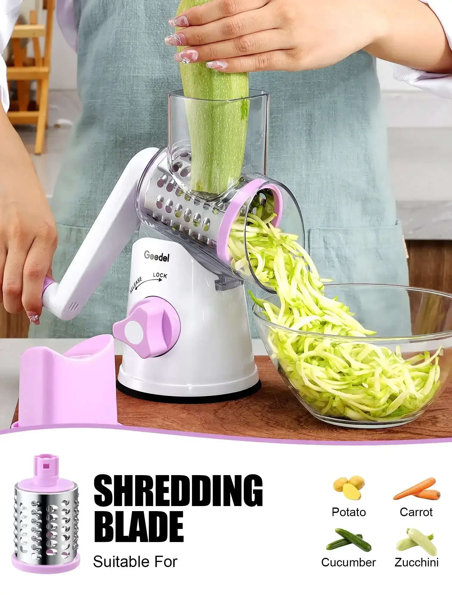 Geedel Rotary Cheese Grater, Kitchen Grater Vegetable Slicer with 3 Interchangeable Blades, Powerful Suction, Dishwasher Safe, Easy to Clean Grater for Vegetable, Fruit, Nuts - Image 20