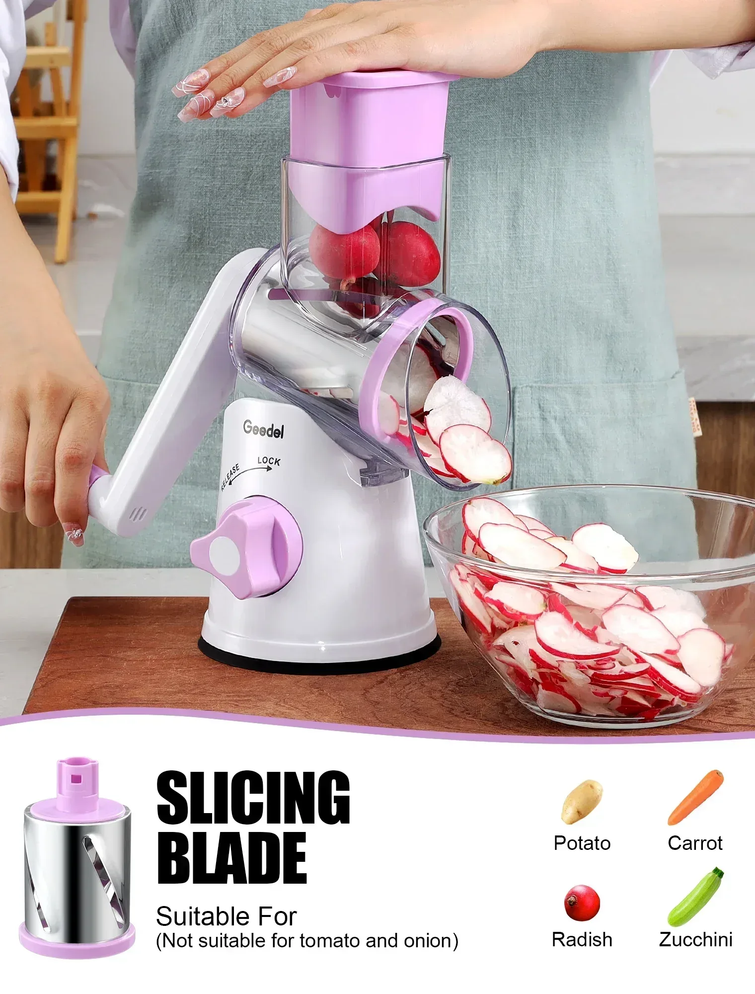 Geedel Rotary Cheese Grater, Kitchen Grater Vegetable Slicer with 3 Interchangeable Blades, Powerful Suction, Dishwasher Safe, Easy to Clean Grater for Vegetable, Fruit, Nuts - Image 21