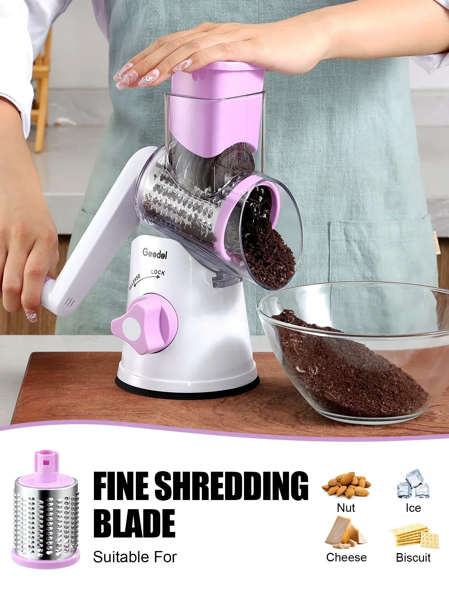 Geedel Rotary Cheese Grater, Kitchen Grater Vegetable Slicer with 3 Interchangeable Blades, Powerful Suction, Dishwasher Safe, Easy to Clean Grater for Vegetable, Fruit, Nuts - Image 22