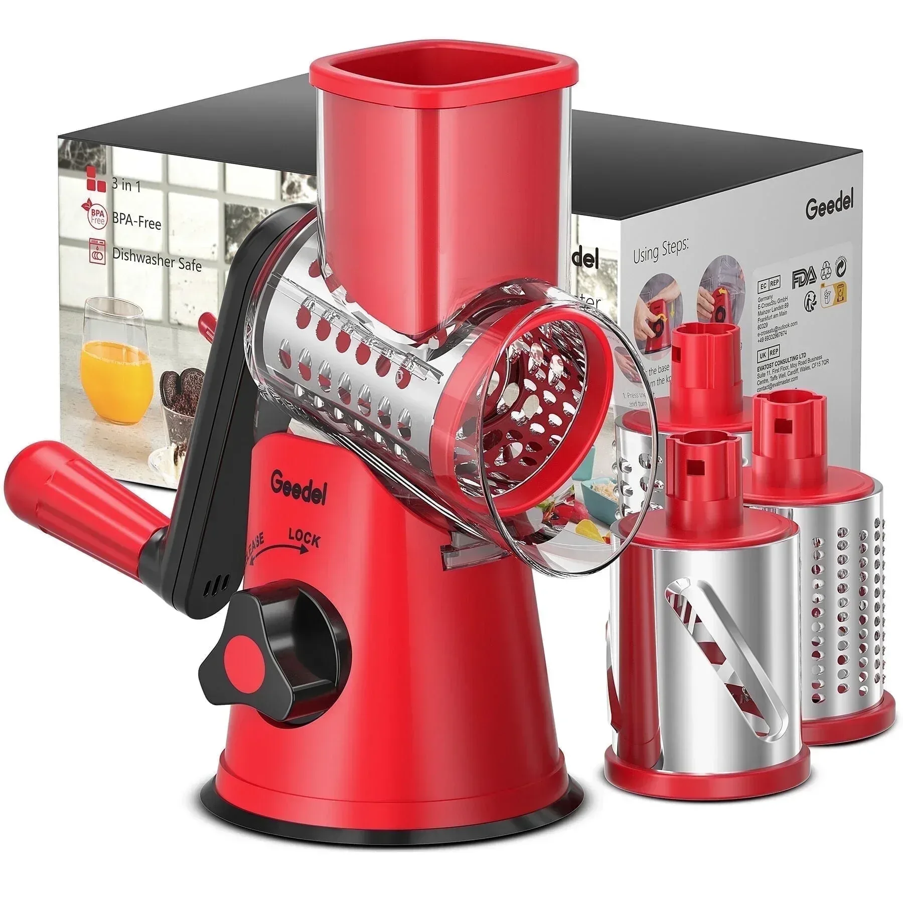 Geedel Rotary Cheese Grater, Kitchen Grater Vegetable Slicer with 3 Interchangeable Blades, Powerful Suction, Dishwasher Safe, Easy to Clean Grater for Vegetable, Fruit, Nuts - Image 23