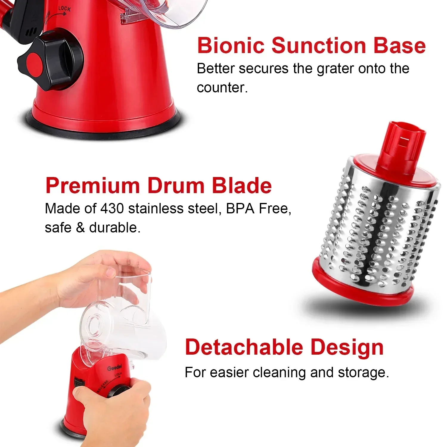Geedel Rotary Cheese Grater, Kitchen Grater Vegetable Slicer with 3 Interchangeable Blades, Powerful Suction, Dishwasher Safe, Easy to Clean Grater for Vegetable, Fruit, Nuts - Image 24