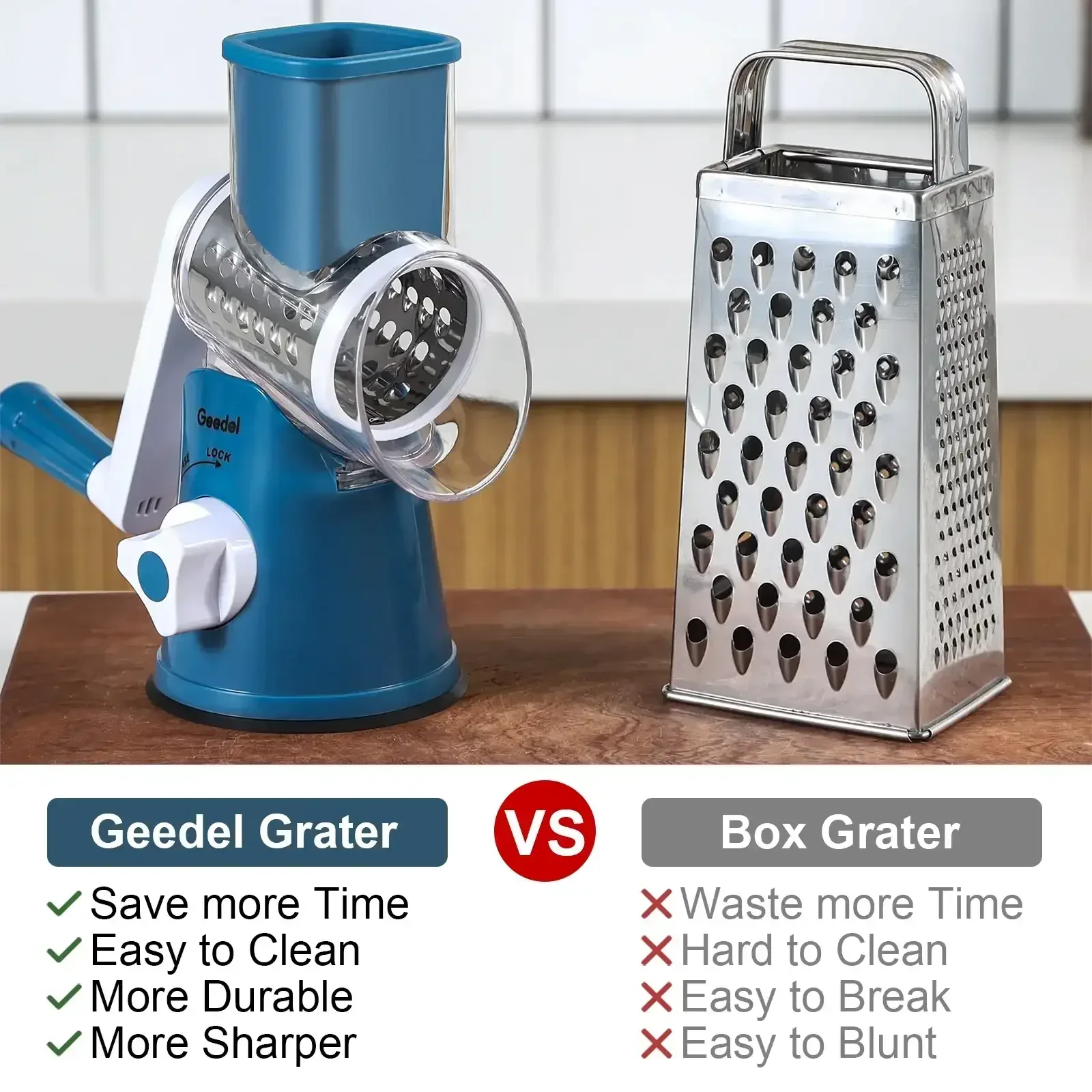 Geedel Rotary Cheese Grater, Kitchen Grater Vegetable Slicer with 3 Interchangeable Blades, Powerful Suction, Dishwasher Safe, Easy to Clean Grater for Vegetable, Fruit, Nuts - Image 6