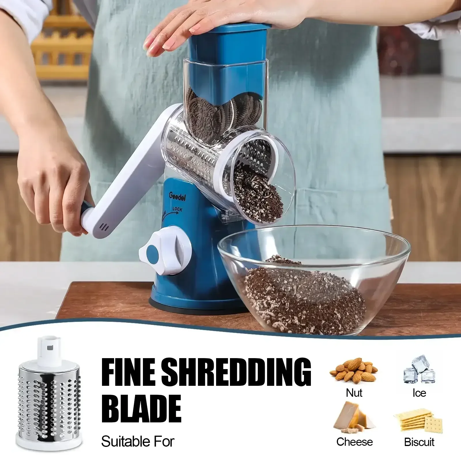 Geedel Rotary Cheese Grater, Kitchen Grater Vegetable Slicer with 3 Interchangeable Blades, Powerful Suction, Dishwasher Safe, Easy to Clean Grater for Vegetable, Fruit, Nuts - Image 8
