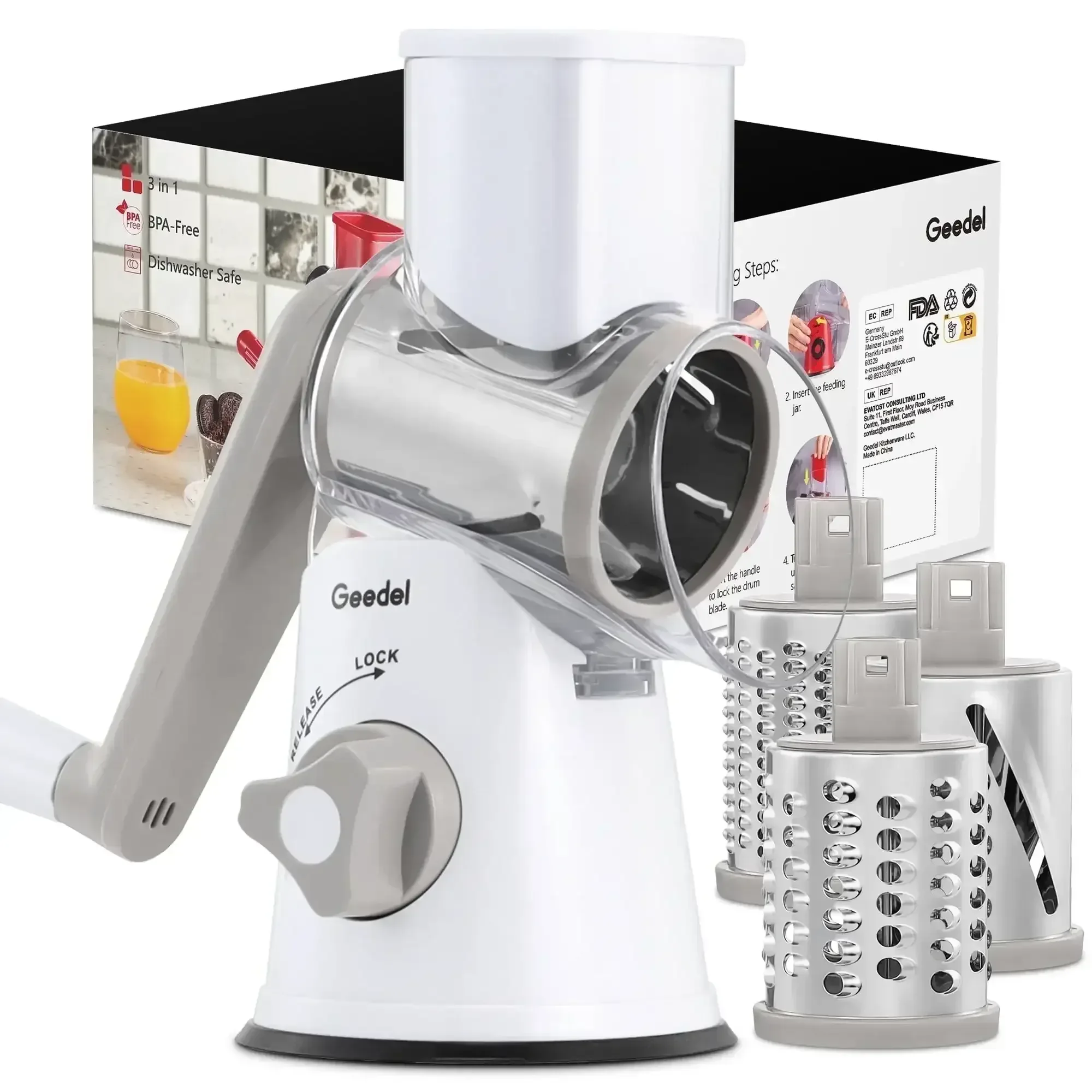 Geedel Rotary Cheese Grater, Kitchen Grater Vegetable Slicer with 3 Interchangeable Blades, Powerful Suction, Dishwasher Safe, Easy to Clean Grater for Vegetable, Fruit, Nuts - Image 9