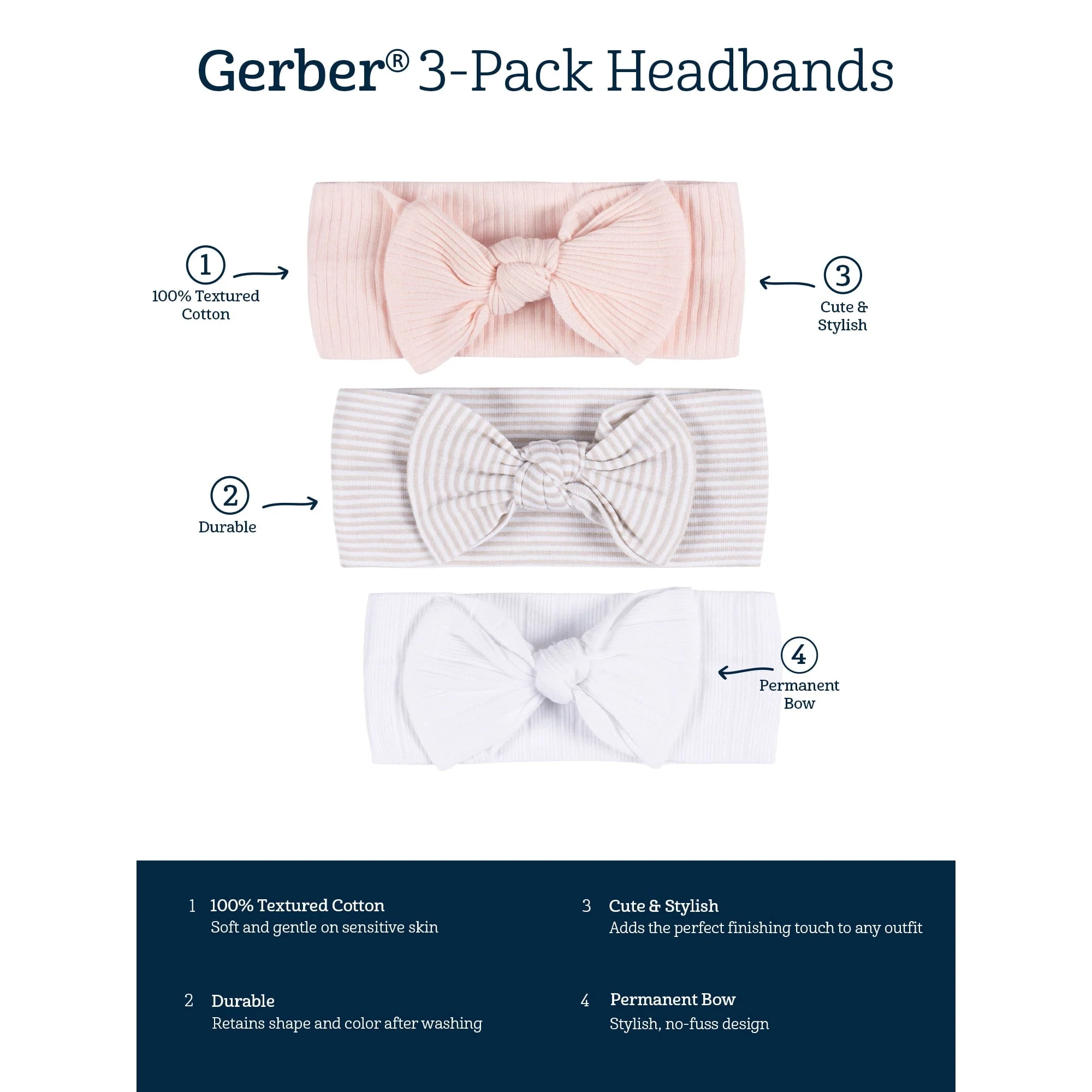 Gerber Baby Girl Soft and Stretchy Headband, 3-pack, One Size - Image 9