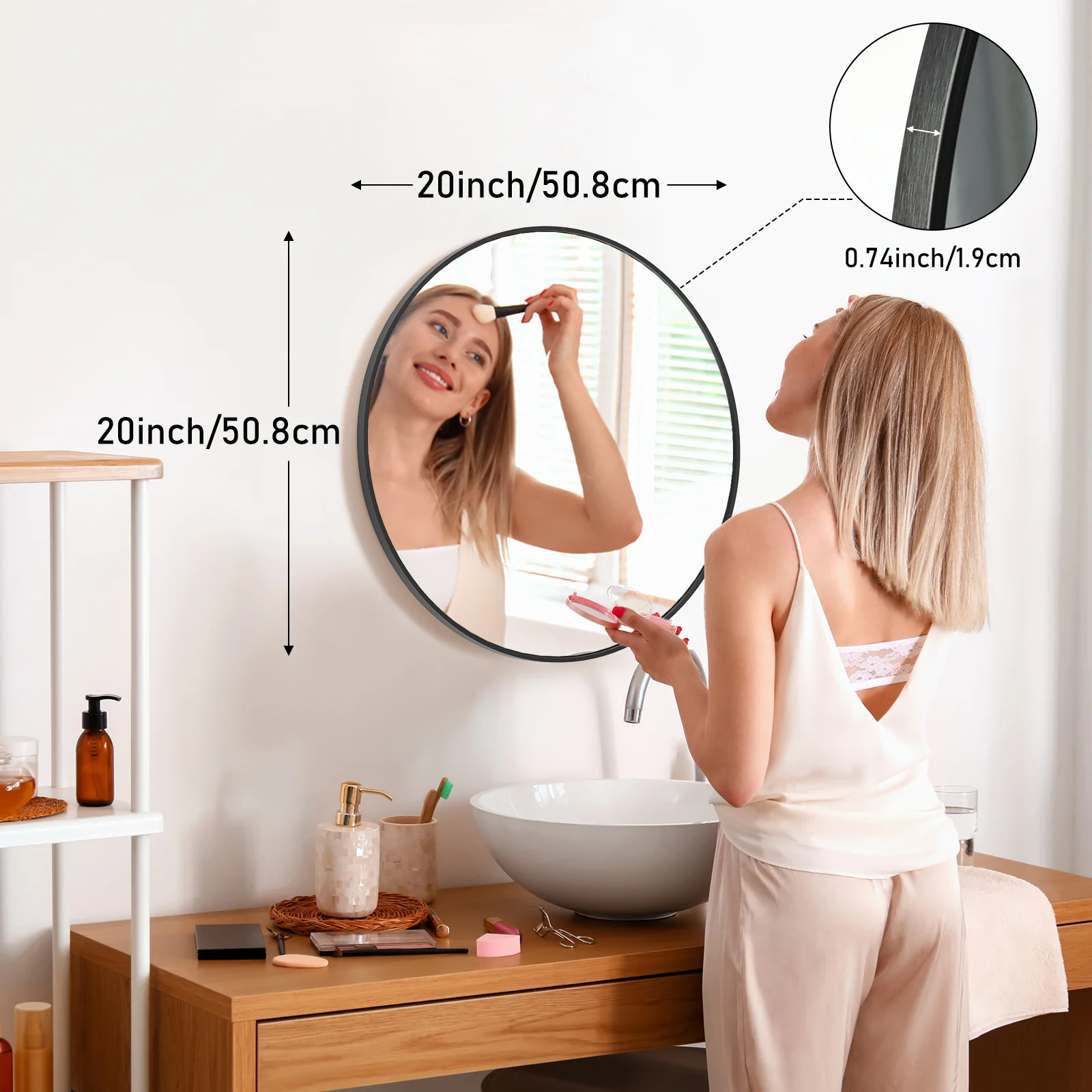 GIANNA 20-inch Round Bathroom Vanity Mirror – Shatterproof, Silver-Plated with Rust-Resistant Aluminum Frame, Black - Image 3
