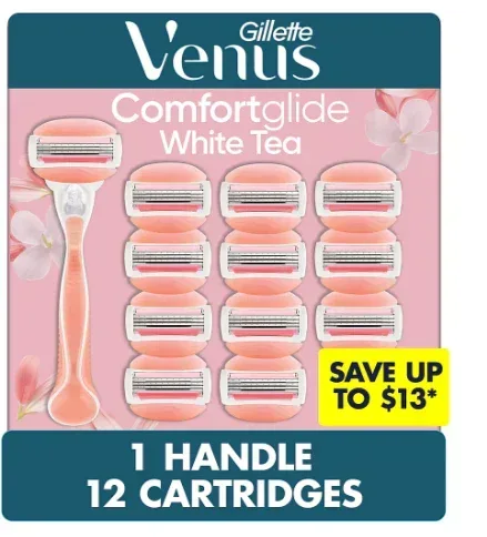 Gillette Venus ComfortGlide White Tea Women's Razor Handle with 12 Blade Refills - Image 3