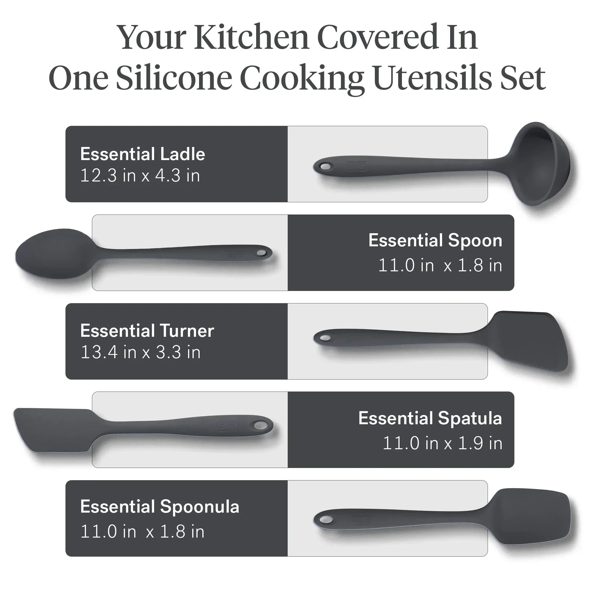 GIR: Get It Right 5 Piece Silicone Essentials Kitchen Utensils Set - Ladle, Spatula, Flip, Spoon & Spoonula - Non-Toxic Cooking Utensils for Nonstick Cookware, Cooking and Baking - Charcoal - Image 8