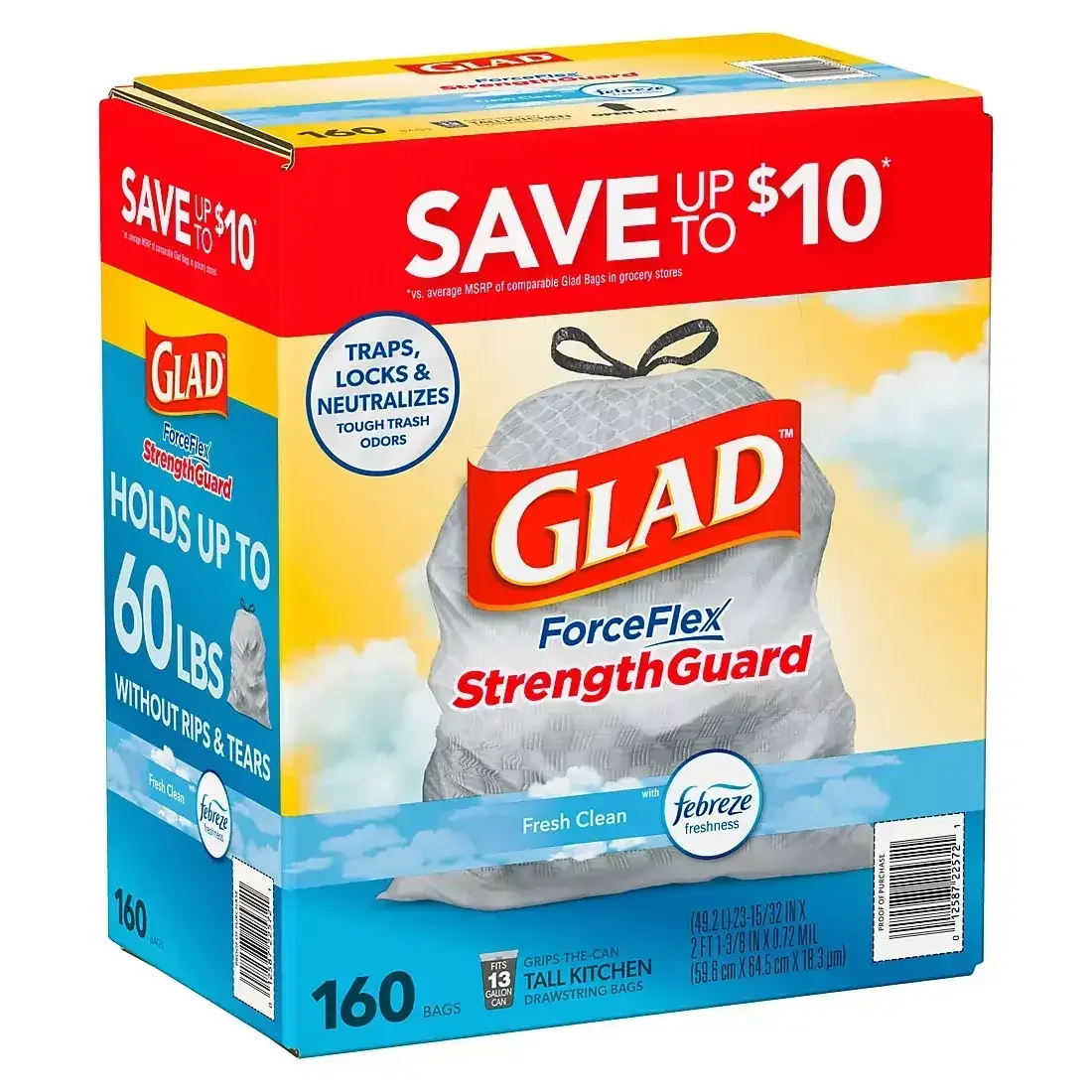 Glad ForceFlex Tall Kitchen Drawstring Trash Bags - Fresh Clean with Febreze, 160 ct./13 gal.
