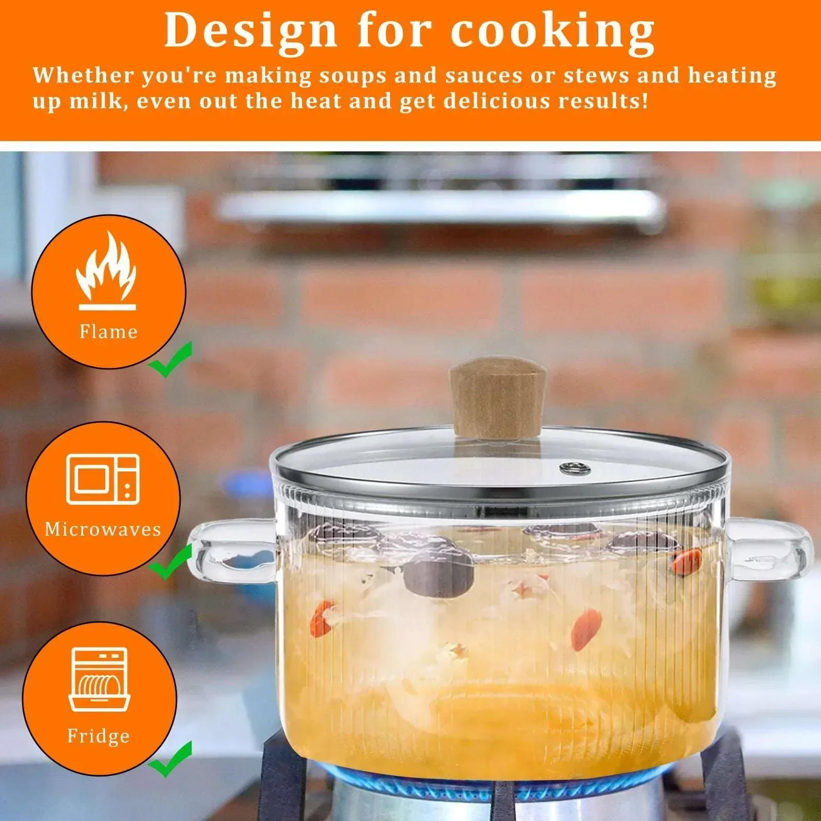 Glass Cooking Pot with Lid 1.6L/54oz Heat Resistant Glass Saucepan with Double Handles Non-Stick Borosilicate Glass Stovetop Pot Safe Clear Cooking Pot for Soup Milk Sauce Pasta Noodle - Image 4
