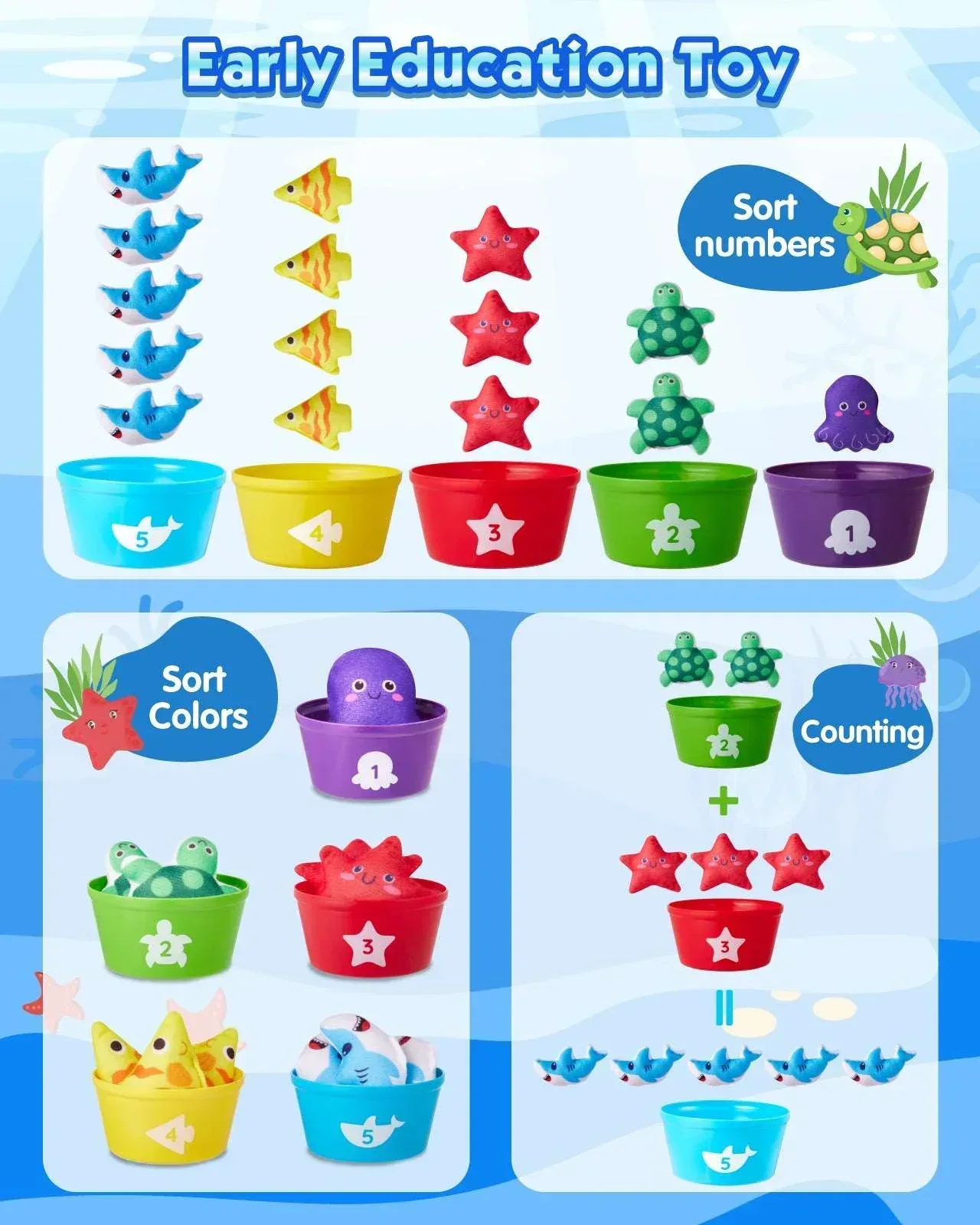 Gleamkid Montessori Toys for Toddler, 23 pcs Cloth Fishing Game Toy for 2 Poles, Stacking Cups, Double-Side Mat, Christmas Birthday Educational Gifts for 1-3 Year Old - Image 4