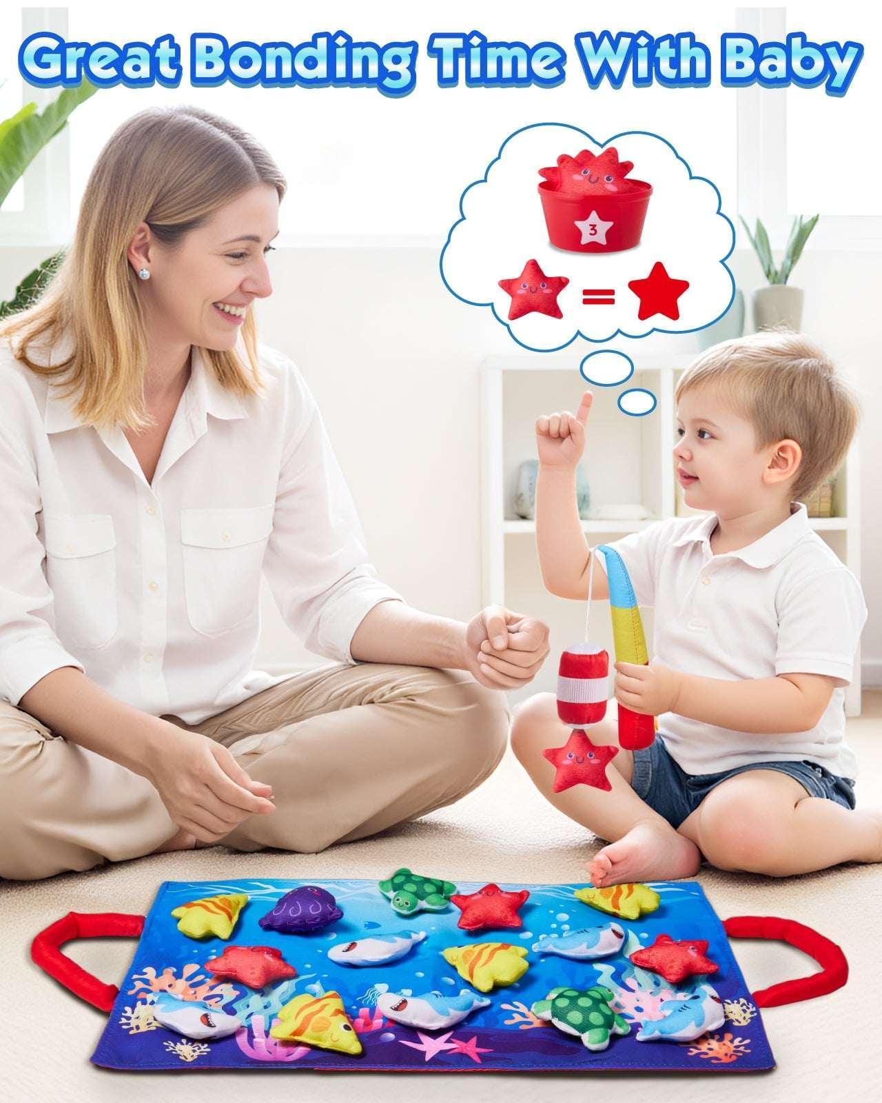 Gleamkid Montessori Toys for Toddler, 23 pcs Cloth Fishing Game Toy for 2 Poles, Stacking Cups, Double-Side Mat, Christmas Birthday Educational Gifts for 1-3 Year Old - Image 6